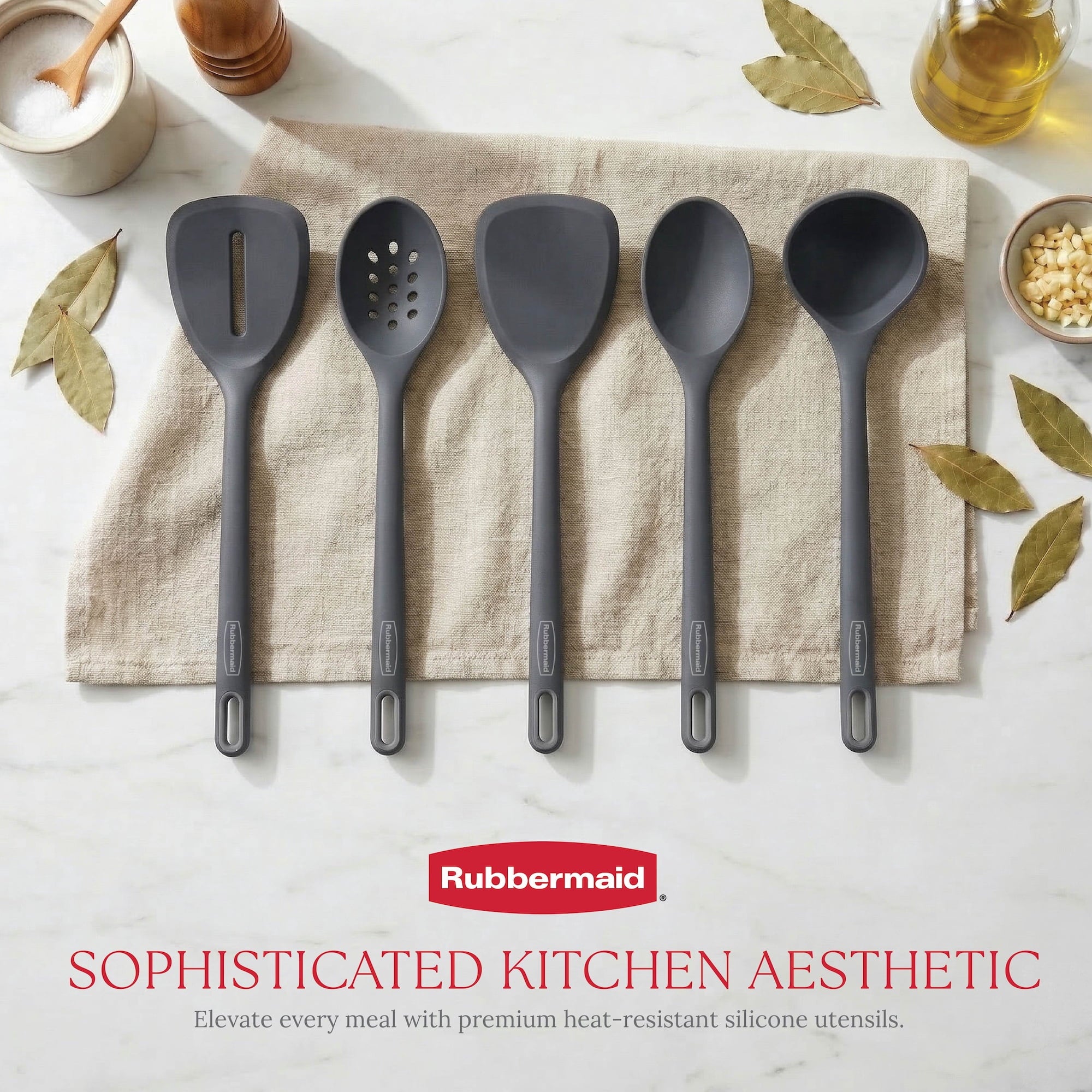 Silicone Kitchen Utensils Set, Heat-Resistant and BPA-Free Cooking Utensils (5 Pieces), Charcoal - Image 2