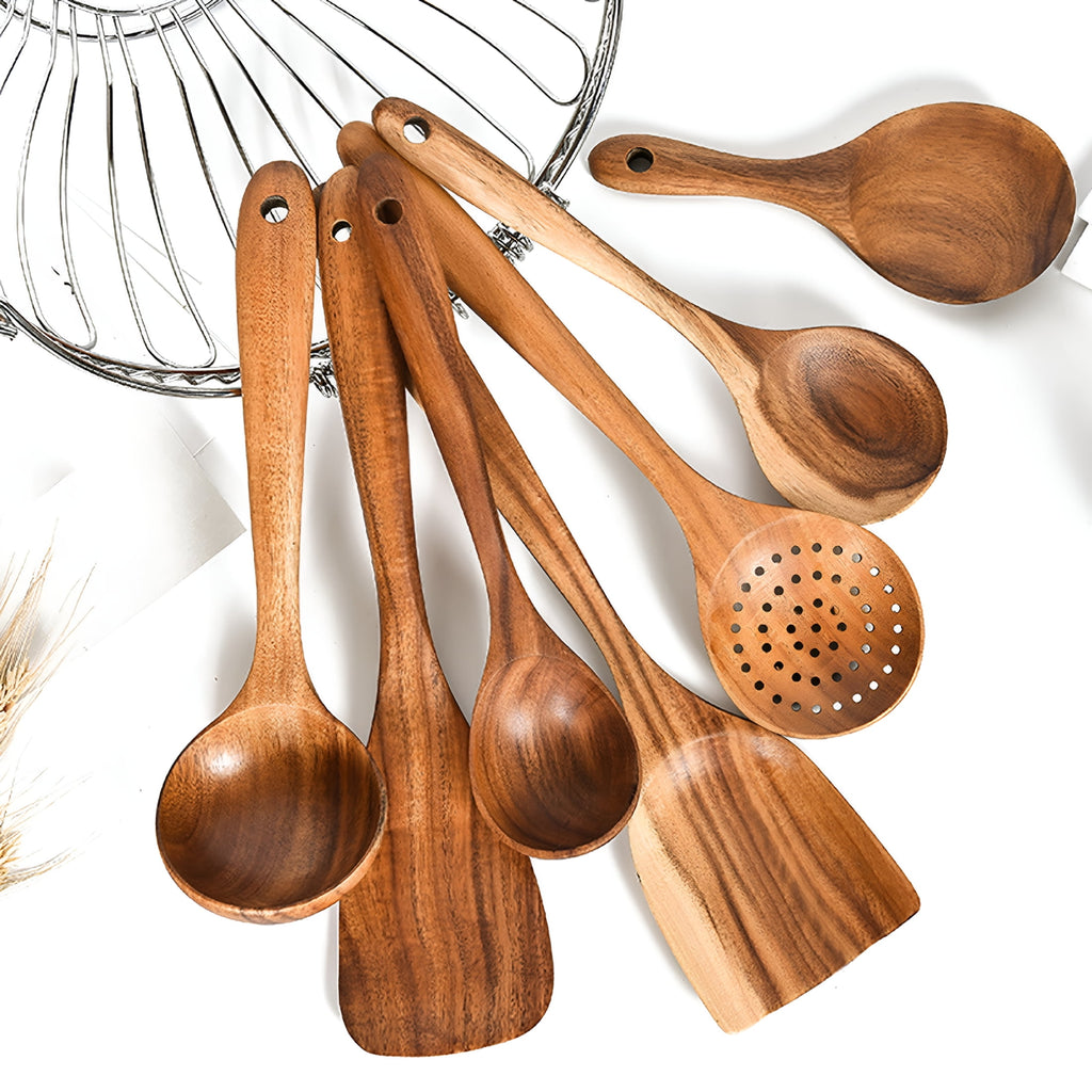 Wooden Kitchen Utensils Spoons Non Stick Spatula Cooking Utensils - Wood Spatula Paddle,Slotted Spatula,Angled Turner... - Image 3