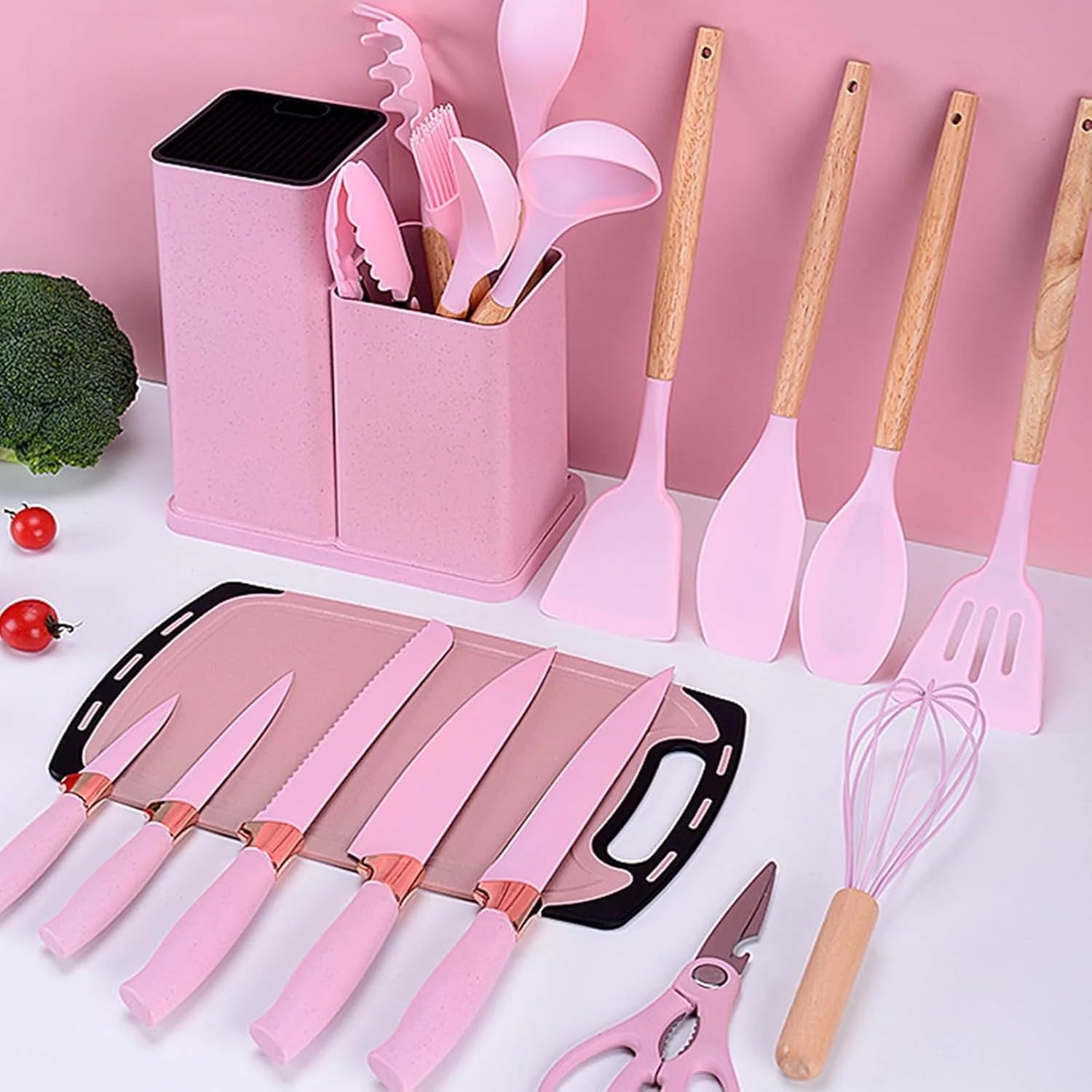 Silicone Cooking Utensils Set, Free Heat Resistant Pink Baking Tools Kitchen Knife 19 Pc - Image 6
