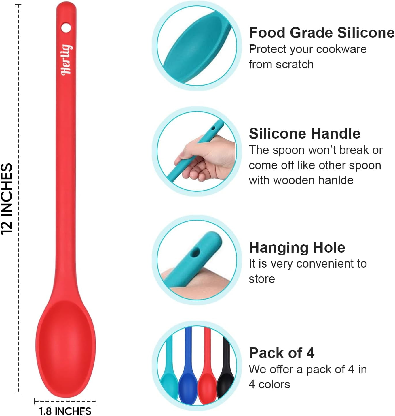4-Piece Large Silicone Mixing Spoon Set 12" Heat-Resistant, Non-Stick Cooking & Baking Utensils - Image 4