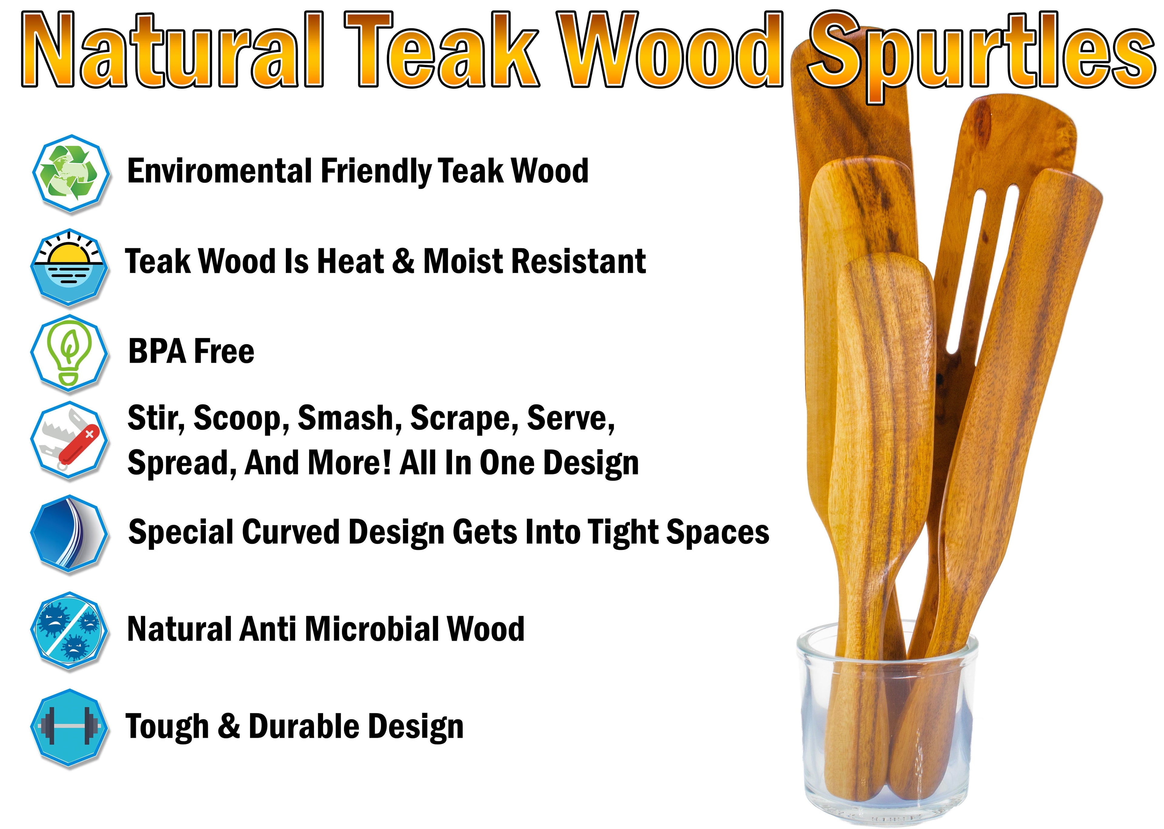 Kitchen Cooking Utensil - Premium Wood 5pc Set - Natural Teak Wood Machine Washable - Non Stick Wooden Cookware - Image 2