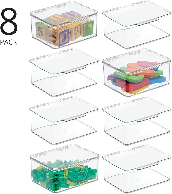 (M-Design) Discount Plastic Playroom and Gaming Storage Organizer Box Containers with Hinged Lid for Shelves or Cubbies, Holds Small Toys, Building Blocks, Puzzles, Markers, Controllers, or Crayons, 8 Pack, Clear