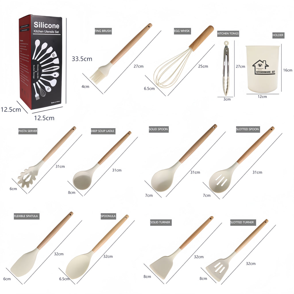 12 Of Silicone Cooking Kitchen Utensils Set, With Stand, Wooden Handle Cooking Tools, Free, Non-Toxic Turner Pliers S... - Image 2