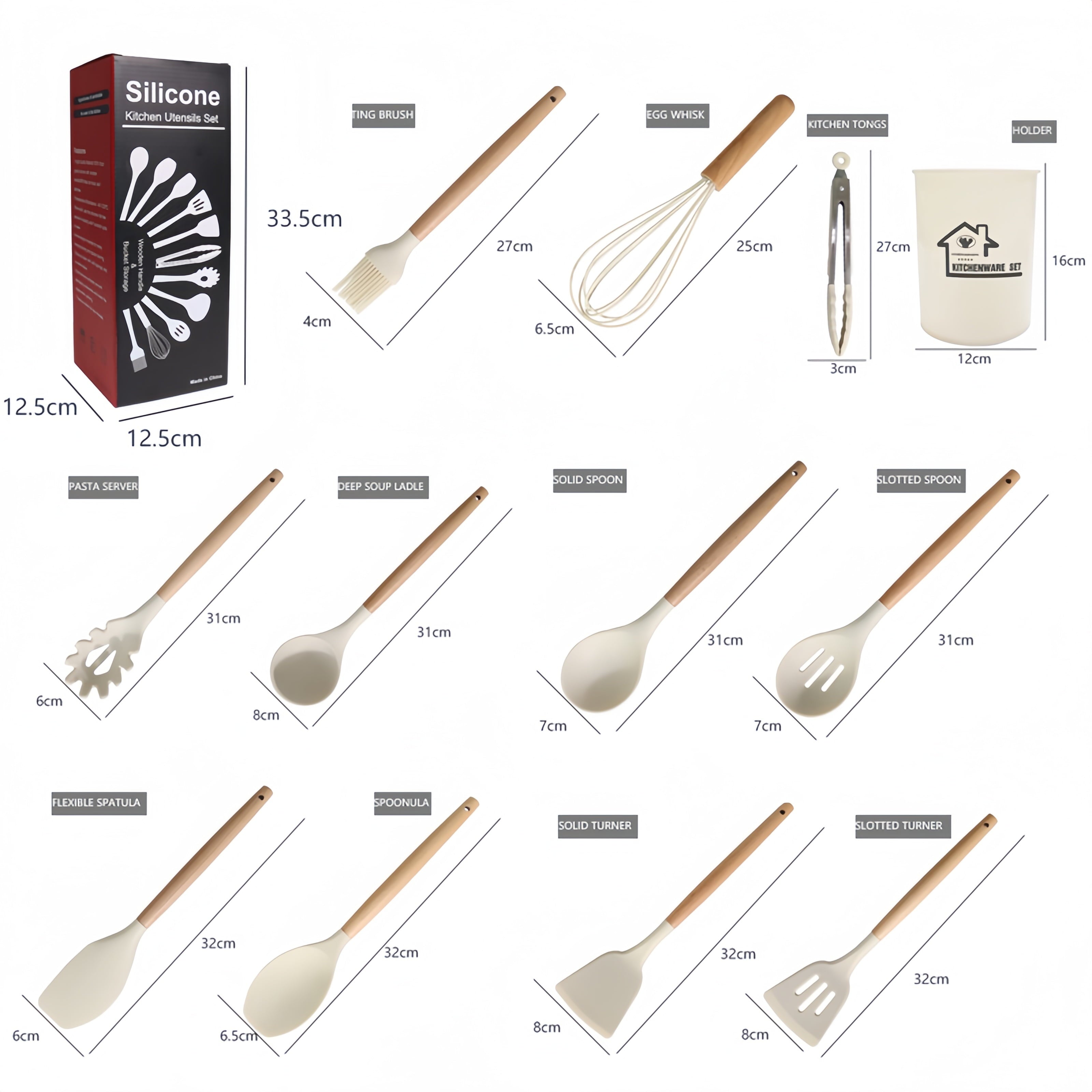 12 Of Silicone Cooking Kitchen Utensils Set, With Stand, Wooden Handle Cooking Tools, Free, Non-Toxic Turner Pliers S... - Image 2