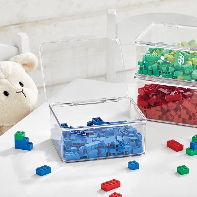 (M-Design) Discount Plastic Playroom and Gaming Storage Organizer Box Containers with Hinged Lid for Shelves or Cubbies, Holds Small Toys, Building Blocks, Puzzles, Markers, Controllers, or Crayons, 8 Pack, Clear