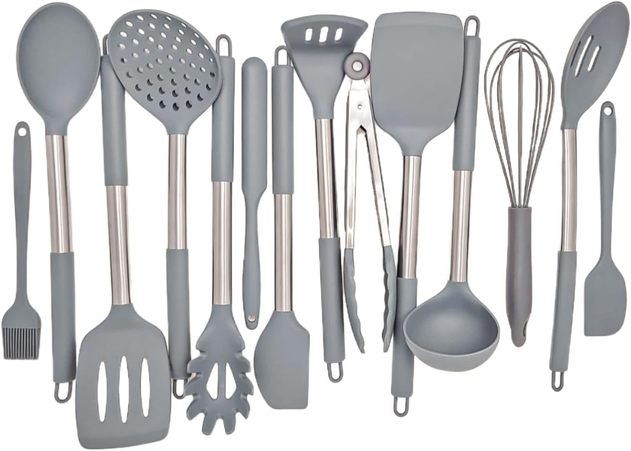 15 Silicone Kitchen Utensil Set with Holder | Non Slip Stainless Steel Cooking Tool |Spatulas, Spoon, Ladle, Pasta Se... - Image 3