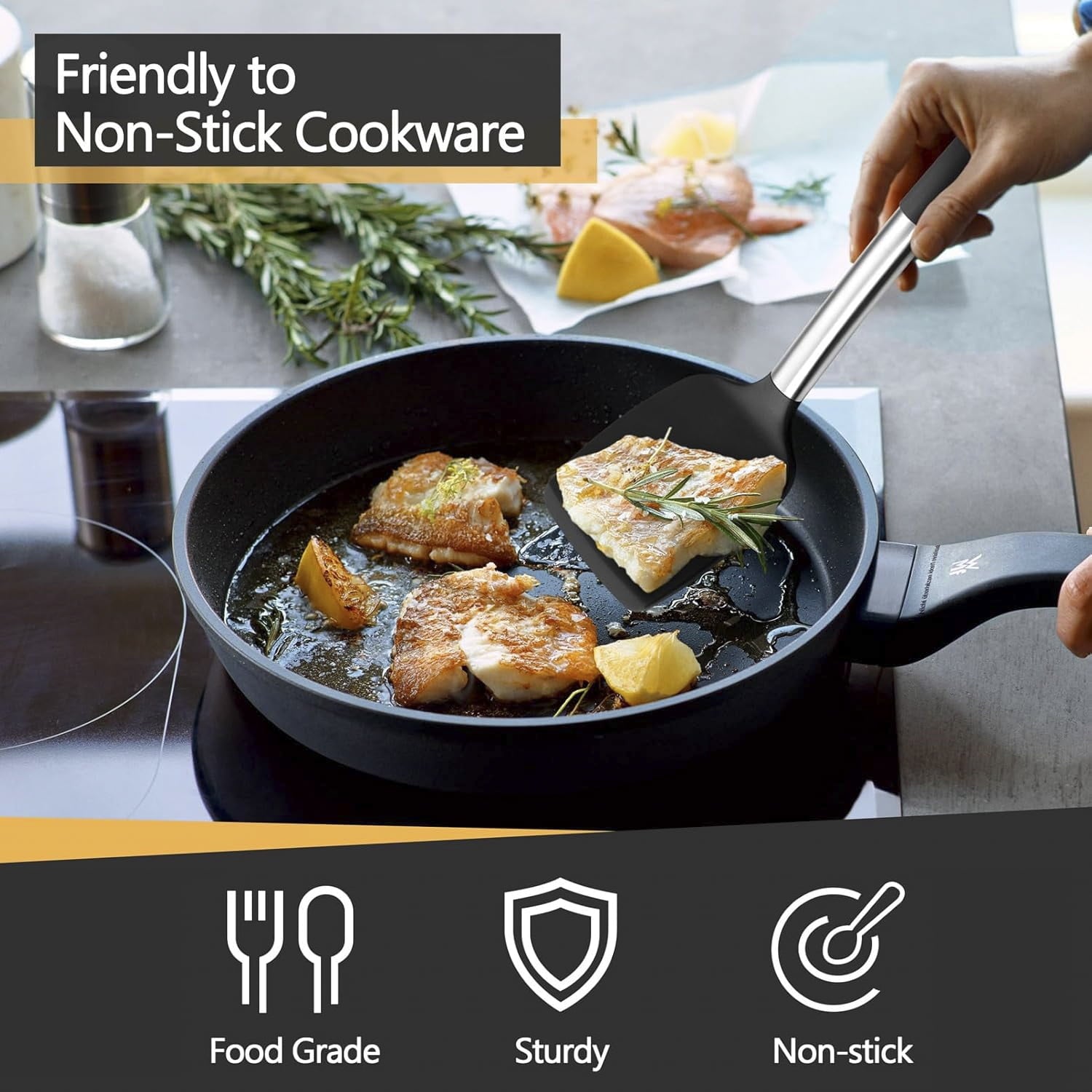 Behome 2 Pack Spatulas, Non Stick Turners with Silicone Handle, High Heat Resistant BPA Free Cooking Utensils, for Fish, Eggs, Pancakes(Blac - Image 3