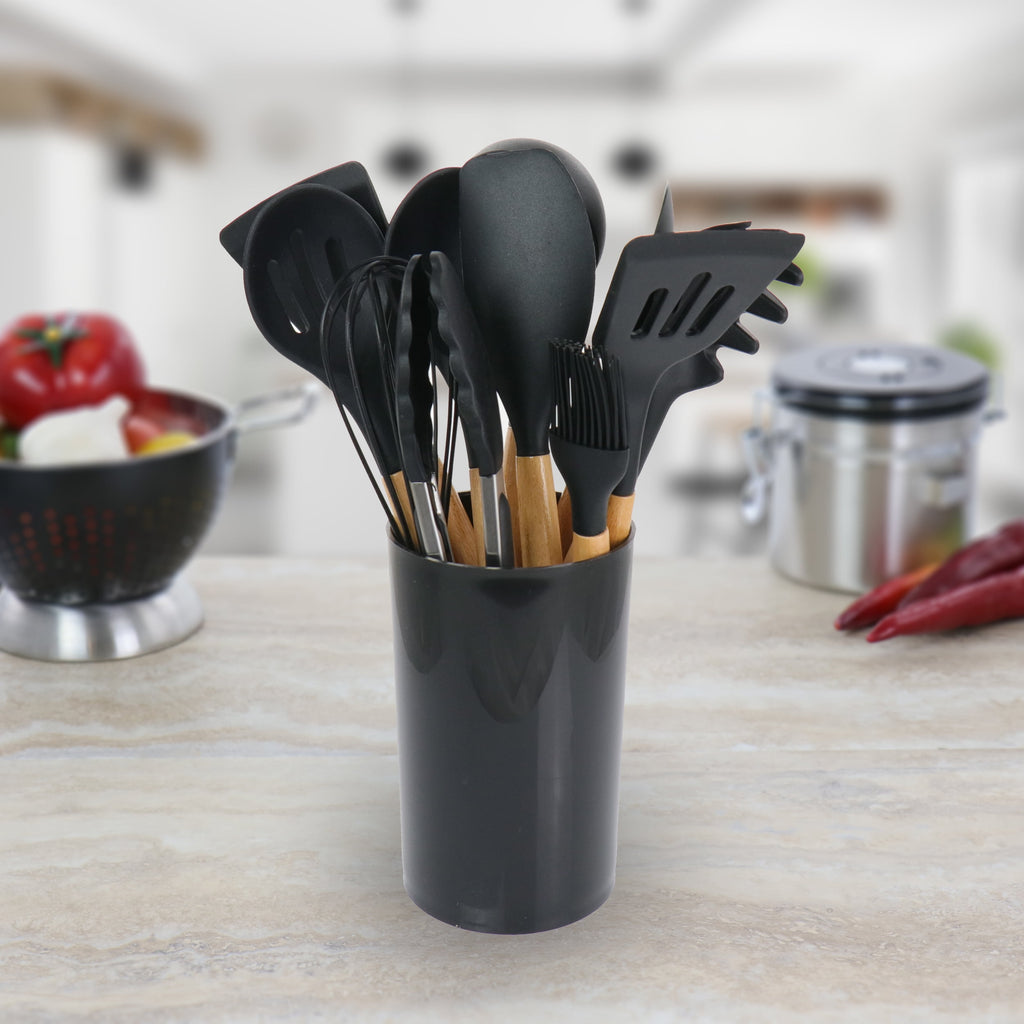 Black 12 Piece Silicone and Wood Cooking Utensils - Image 4