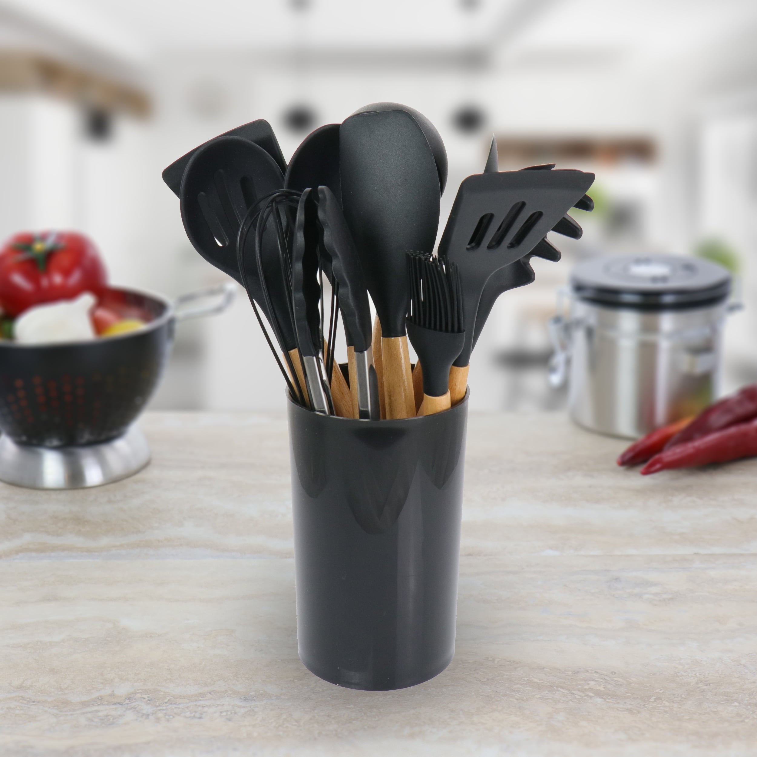 Black 12 Piece Silicone and Wood Cooking Utensils - Image 4