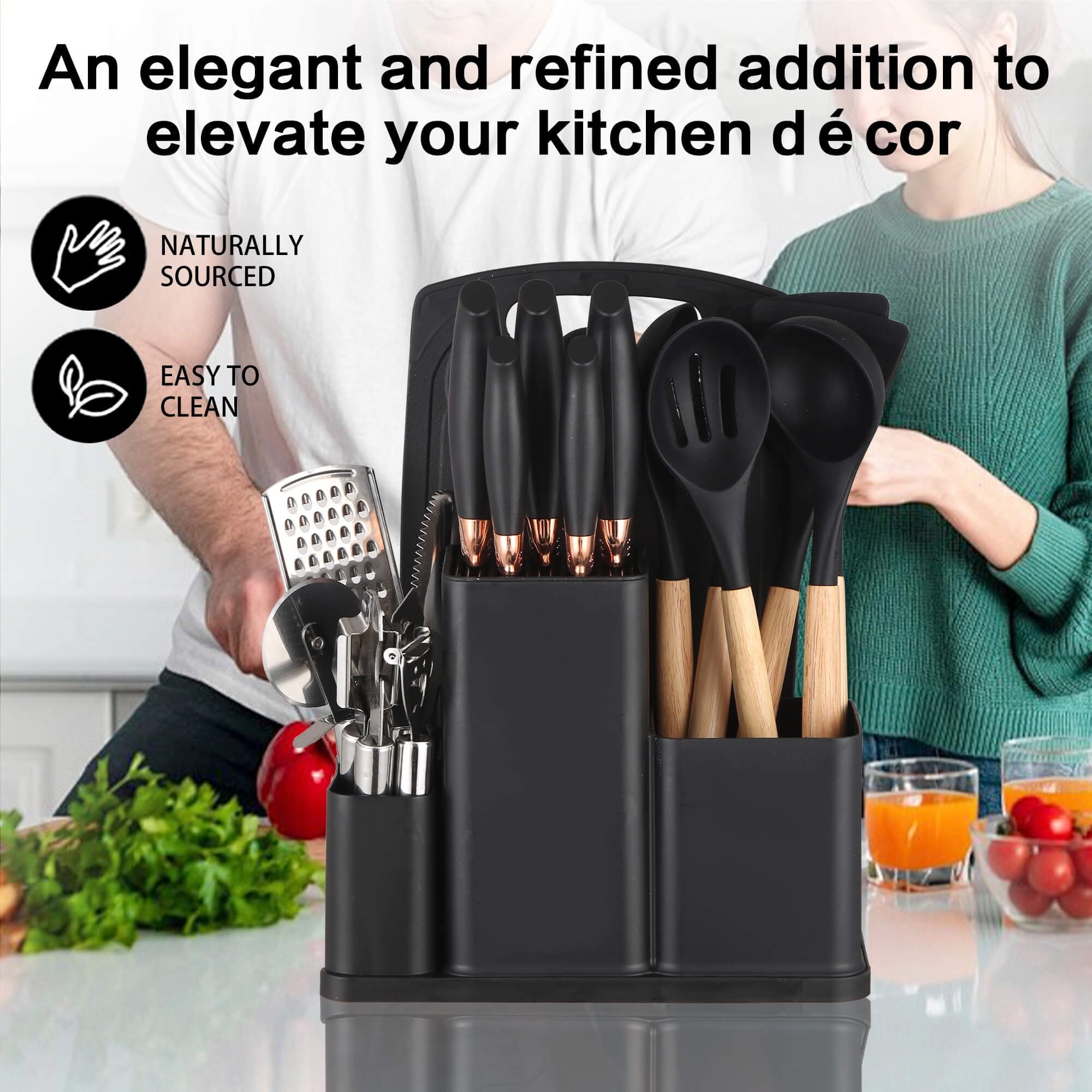 HEESEM 20 Pcs Silicone Stainless Steel Cooking Utensils Set -Multifunctional Kitchen Utensil Set - Black - Image 5