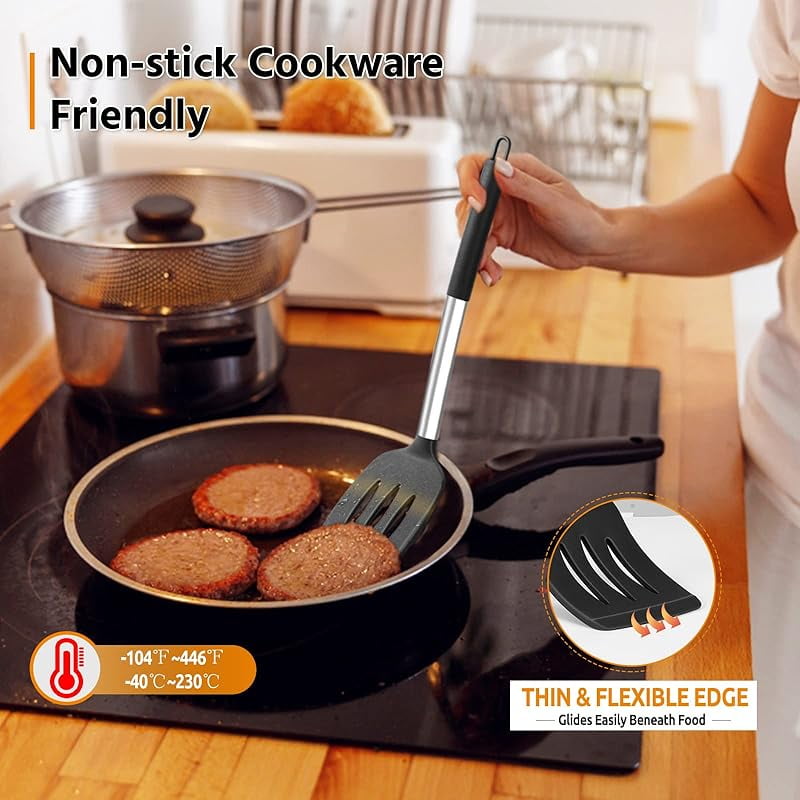 4-Piece Silicone Cooking Utensils Set, Heat Resistant Non-Stick Kitchen Utensils with Stainless Steel Handle, Slotted... - Image 3