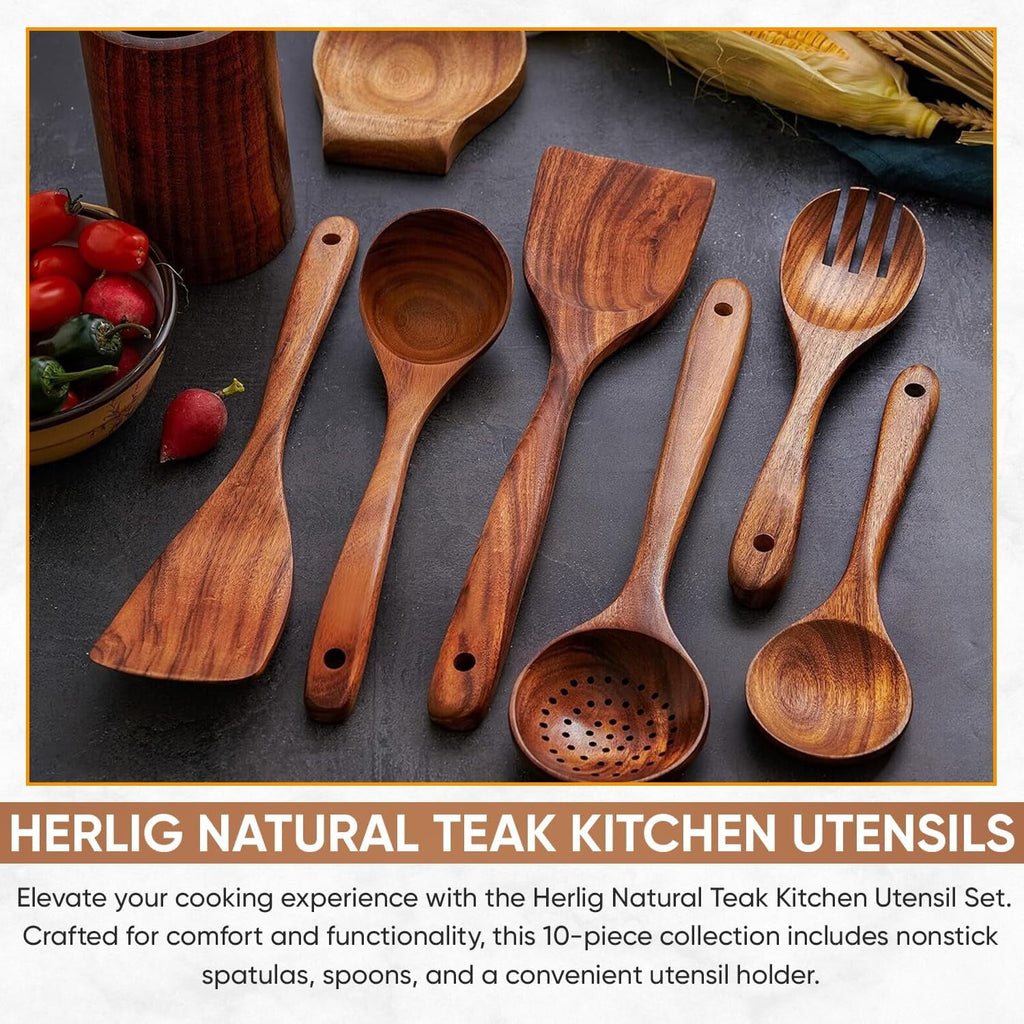 Herlig 10 Piece Teak Wood Cooking Utensil Set  Kitchen Cookware Tools with Spatula, Spoon, Fork - Image 5