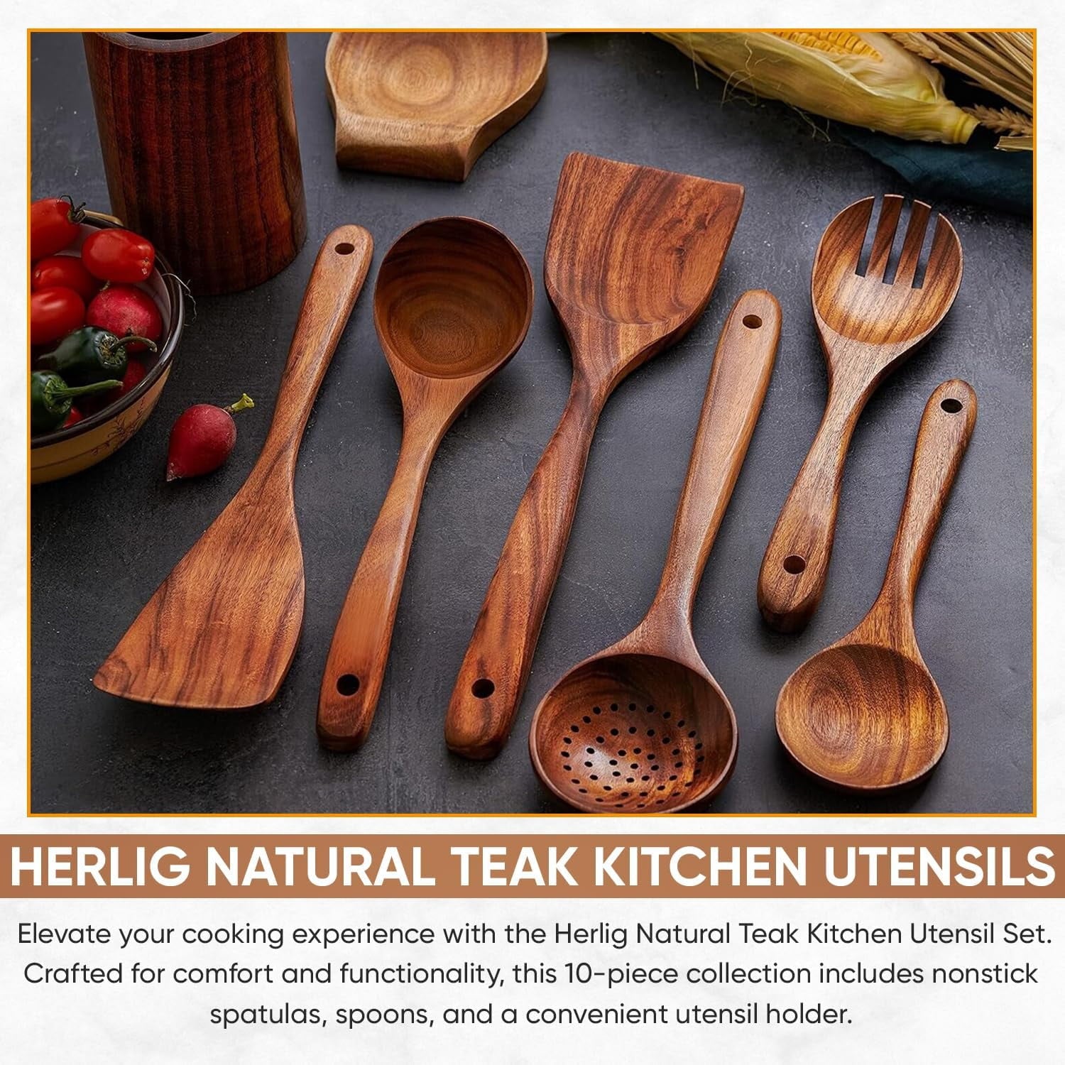 Herlig 10 Piece Teak Wood Cooking Utensil Set  Kitchen Cookware Tools with Spatula, Spoon, Fork - Image 5