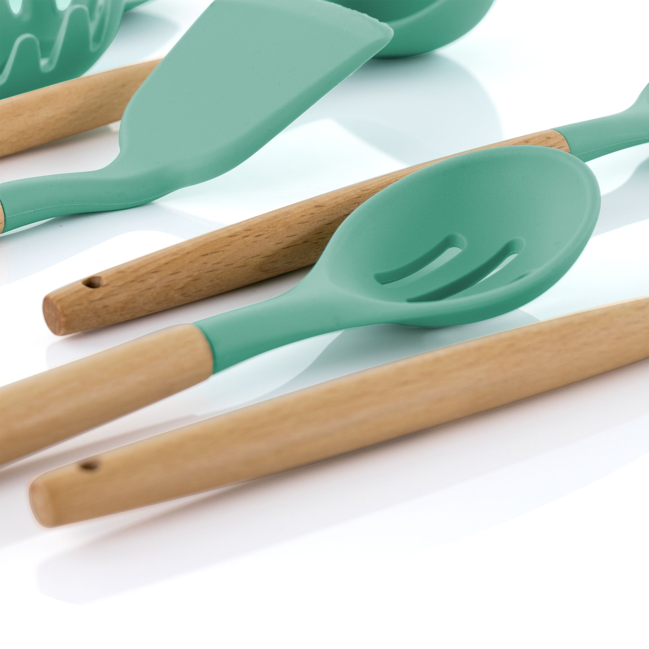 Green 9 Piece Silicone and Wood Cooking Utensils - Image 2