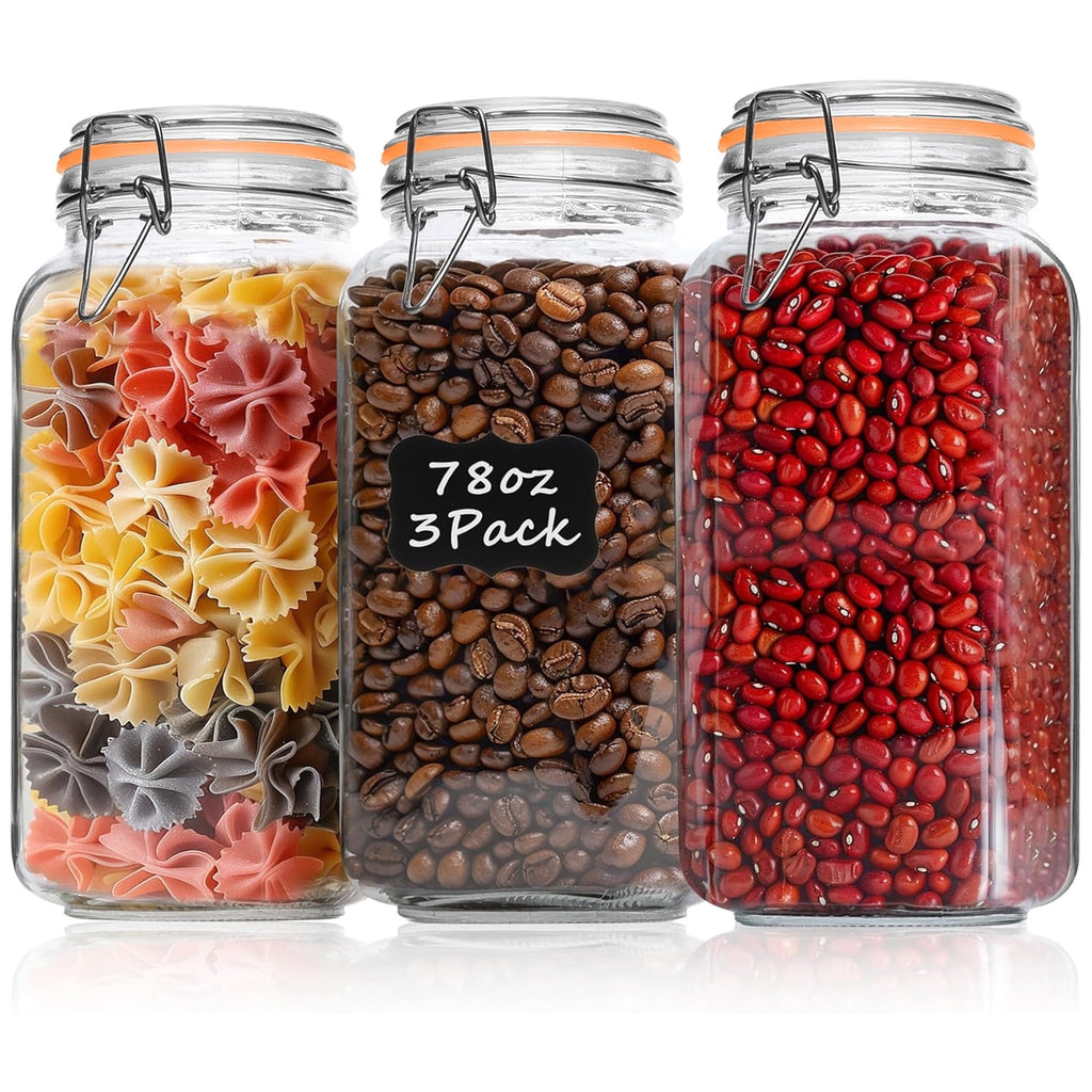 78oz Glass Jars with Airtight Lid : 3 Pack Large Food Storage Container with Labels, Clear Canister for Flour, Sugar,...