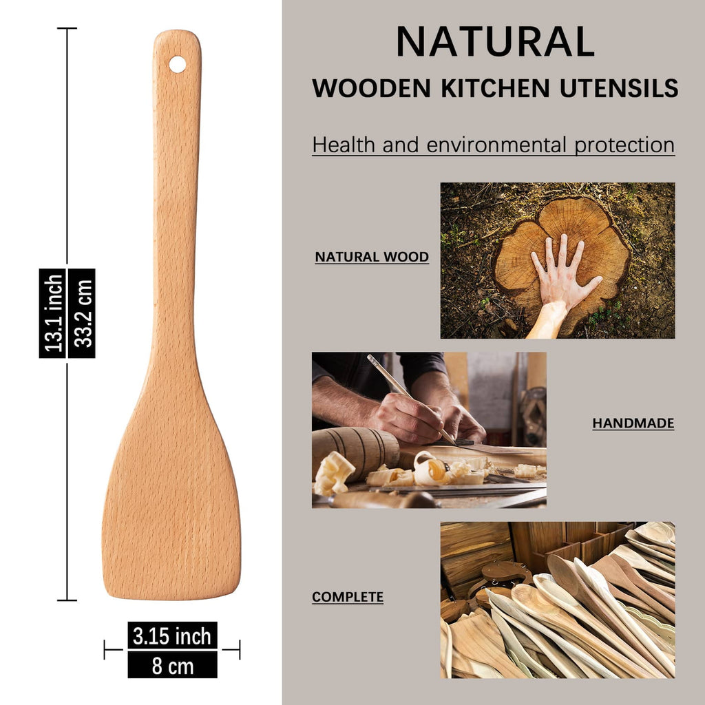 2pcs Wooden Spatulas for Cooking, 13inch Coated Beech Wood Turners for Frying, Non-Scratch Flat Spurtle for Pan & Wok... - Image 5