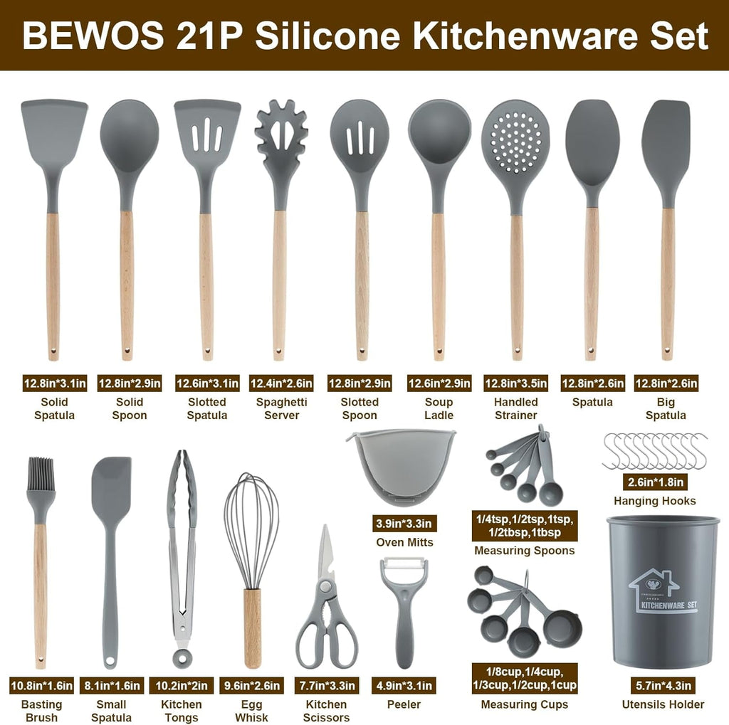 Set, Non-Stick Silicone Cooking Kitchen Spatula Set with Holder, Wooden Handle Silicone Kitchen Gadgets Utensil Set - Image 2
