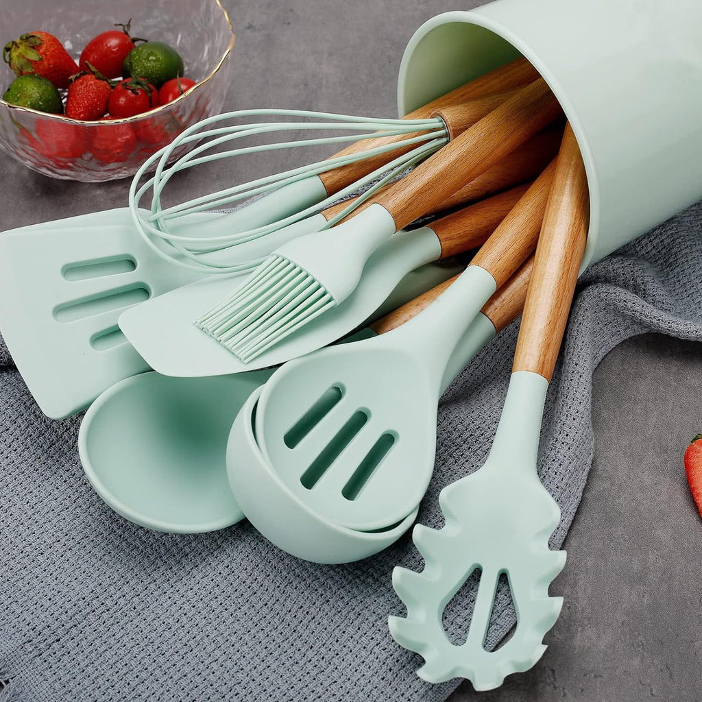 Silicone Cooking Utensils Kitchen Utensil Set, 12 PCS Wooden Handle Free Silicone Spoon Spatula Turner Tongs Whisk,Gr... - Image 3