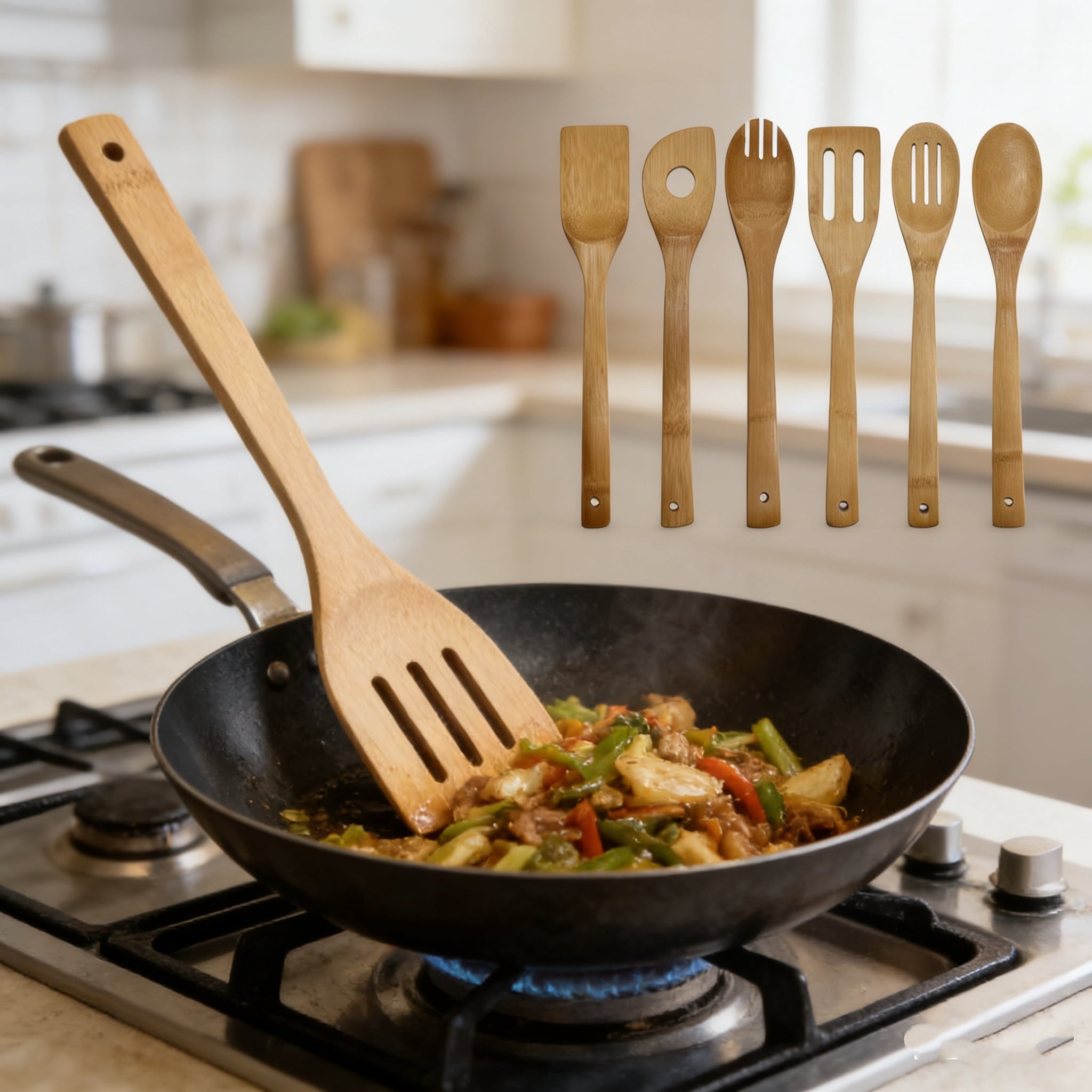6 Piece Bamboo Cooking Utensil Set - Heat Resistant Non-Stick Safe Kitchen Utensils for Cooking, Baking, Serving Product Highlights - Image 5
