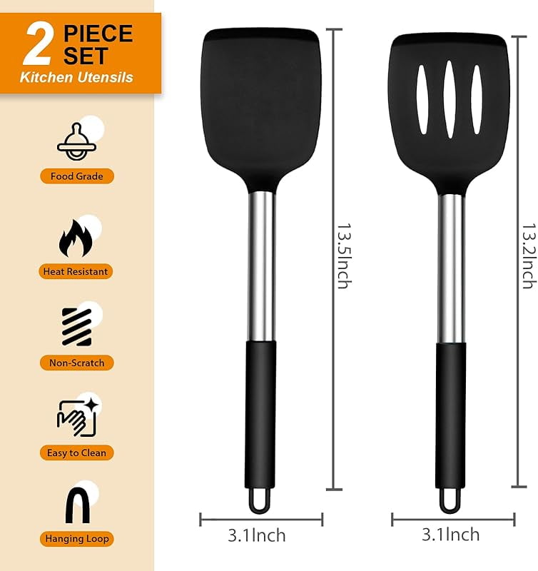 4-Piece Silicone Cooking Utensils Set, Heat Resistant Non-Stick Kitchen Utensils with Stainless Steel Handle, Slotted... - Image 2
