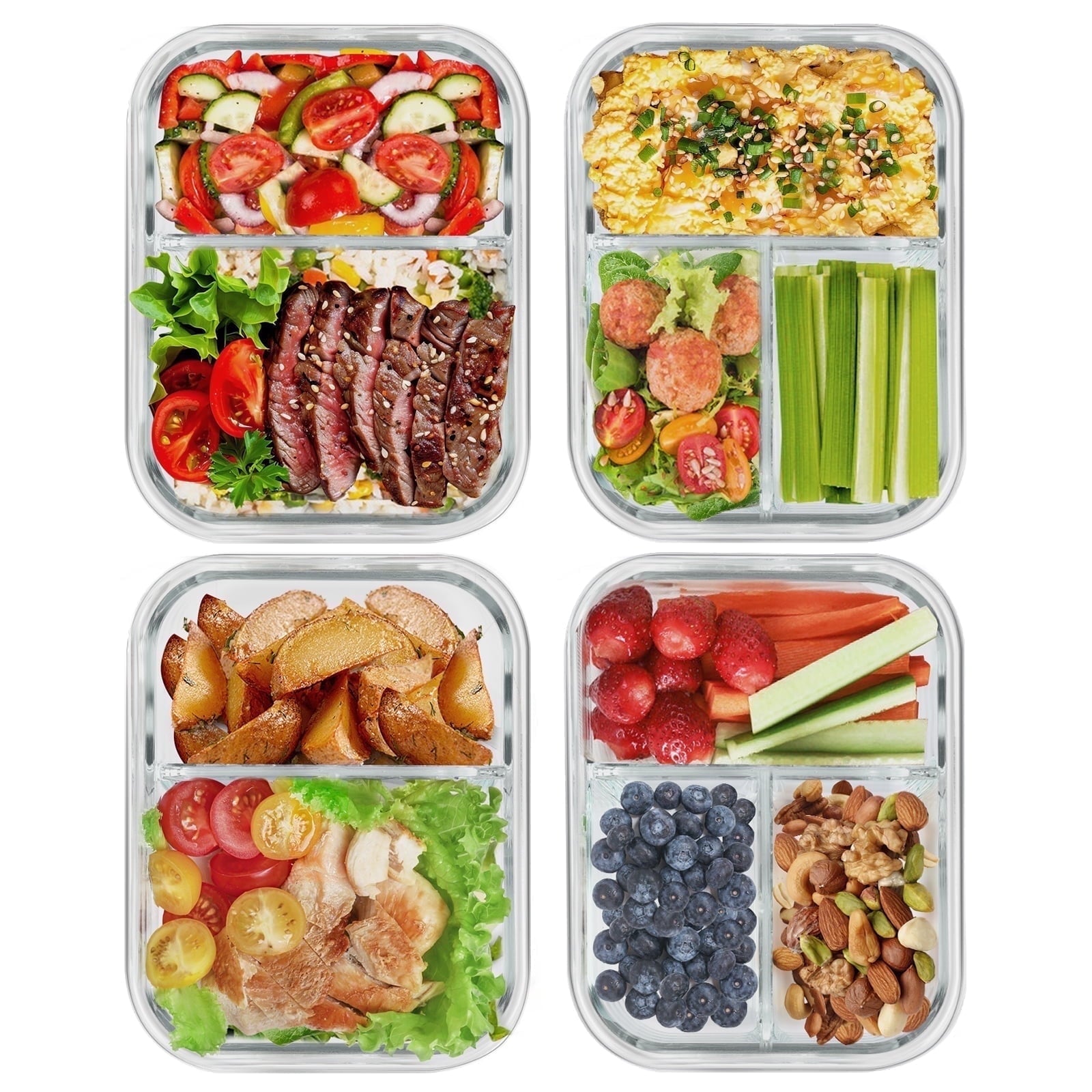 8 Pcs Glass Food Storage Containers with Lids, 2 & 3 Compartment Glass Airtight Meal Prep Containers (4 Containers & ...