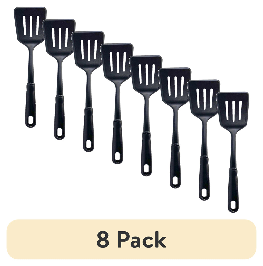 (8 pack) Nylon Slotted Kitchen Turner with Soft Grip Handle, Black
