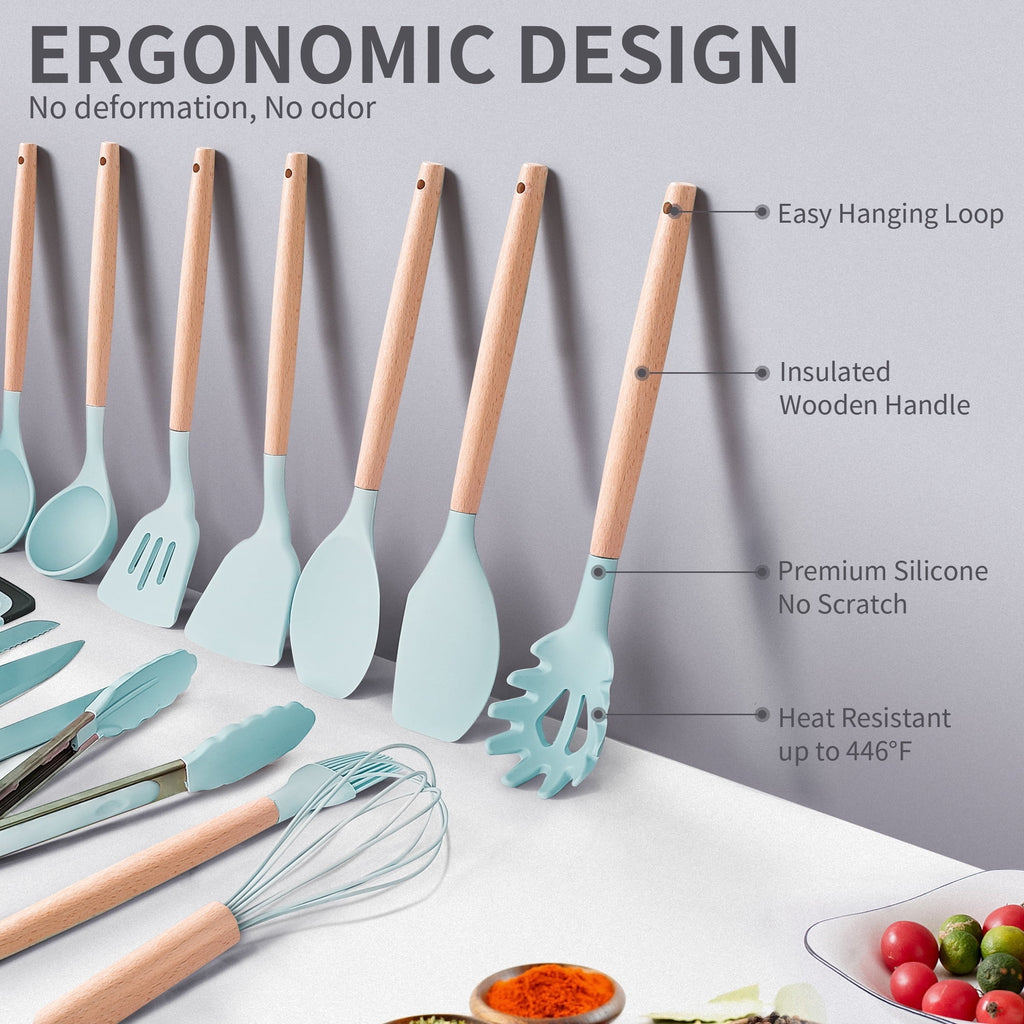 TEAFIRST Silicone Kitchen Cooking Utensils Set, 19 Pieces Utensil with Holder, Heat Resistant, Green - Image 6