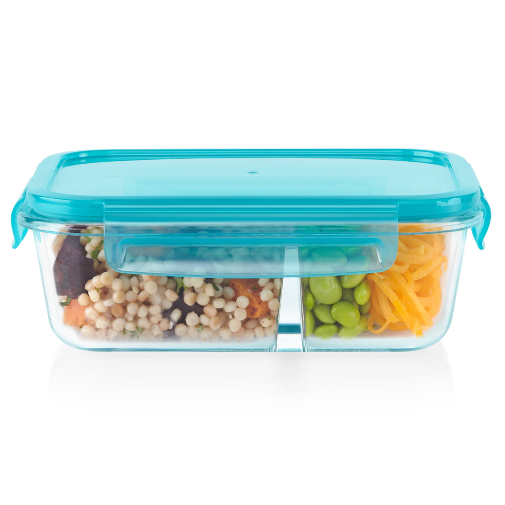 4-cup Divided Glass Food Storage Container with Turquoise Lid - Image 2