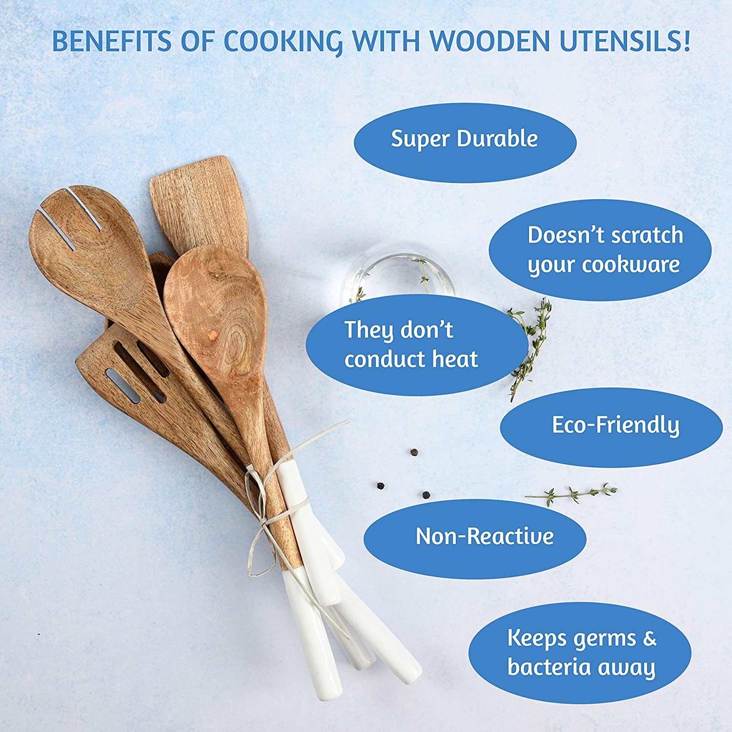 Wooden Spoons for Cooking Set for Kitchen, Non Stick Cookware Tools or Utensils, Set of 5 - 12 inches long, Acacia Wo... - Image 5