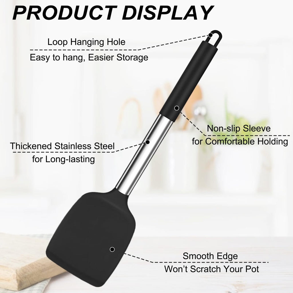 Kitchen Utensils,4 PCS Silicone Cooking Utensils Spatula Spoon Set with Stainless Steel Handle,for Frying Mixing Draining Turning,Healthy & - Image 3