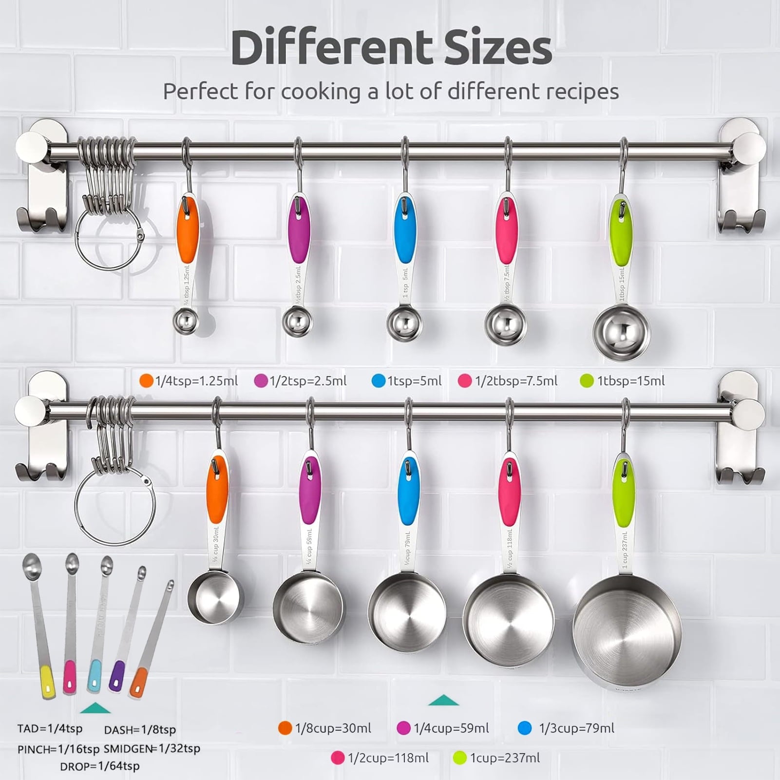 Stainless Steel Measuring Cups and Spoons Set of 15, 5 Stainless Steel Nesting Measuring Cups & 5 Spoons, 5 Mini Measuring Spoons Nesting Me - Image 5