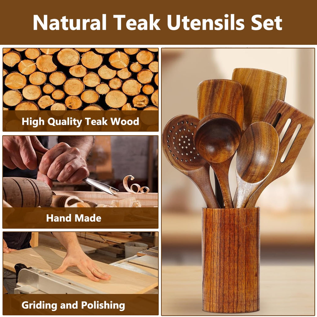 Kisportee Wooden Spoons for Cooking, Non-Stick Teak Wooden Cooking Utensils Set with Hooks, Wooden Kitchen Utensils for Everyday Baking,Cook - Image 3