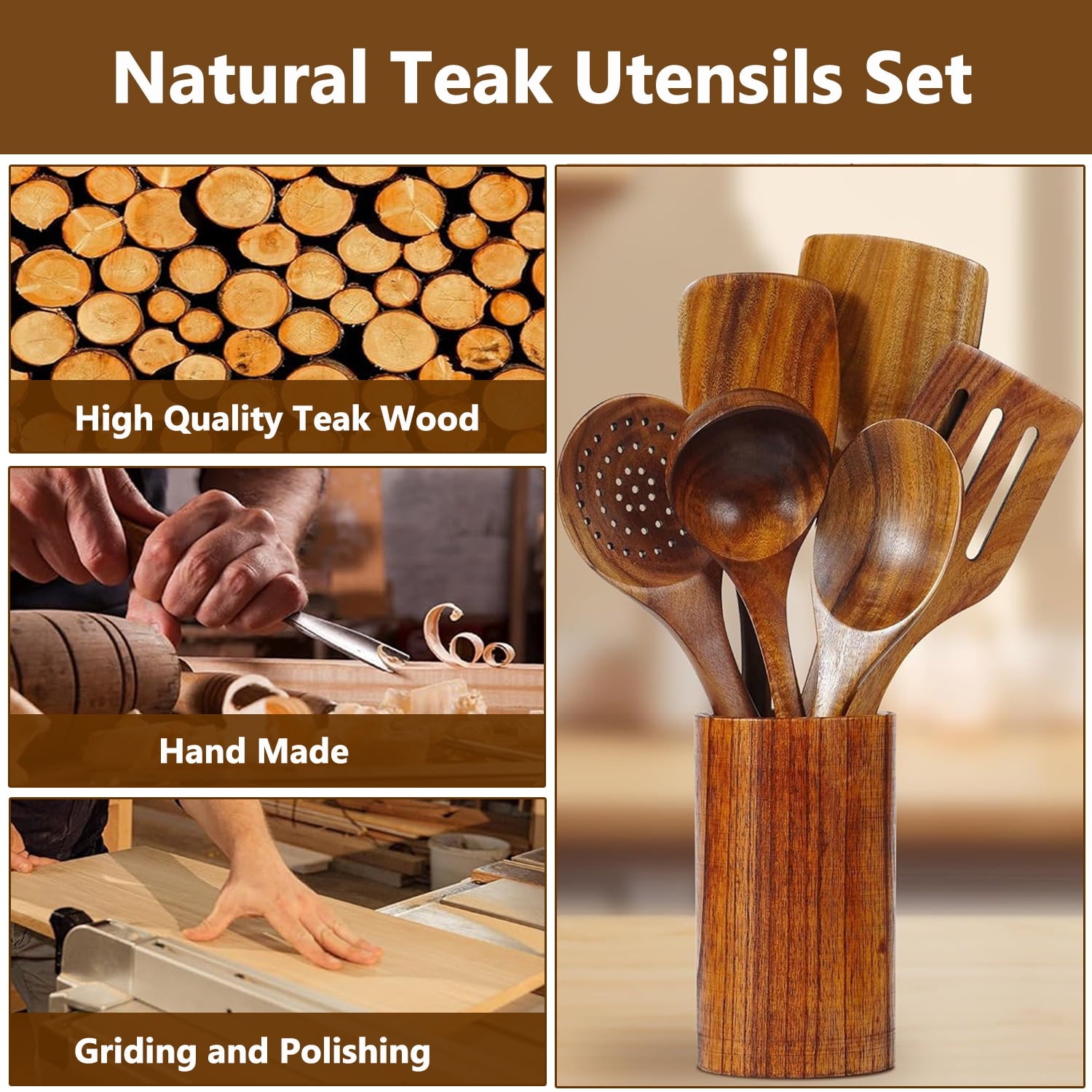 Kisportee Wooden Spoons for Cooking, Non-Stick Teak Wooden Cooking Utensils Set with Hooks, Wooden Kitchen Utensils for Everyday Baking,Cook - Image 3