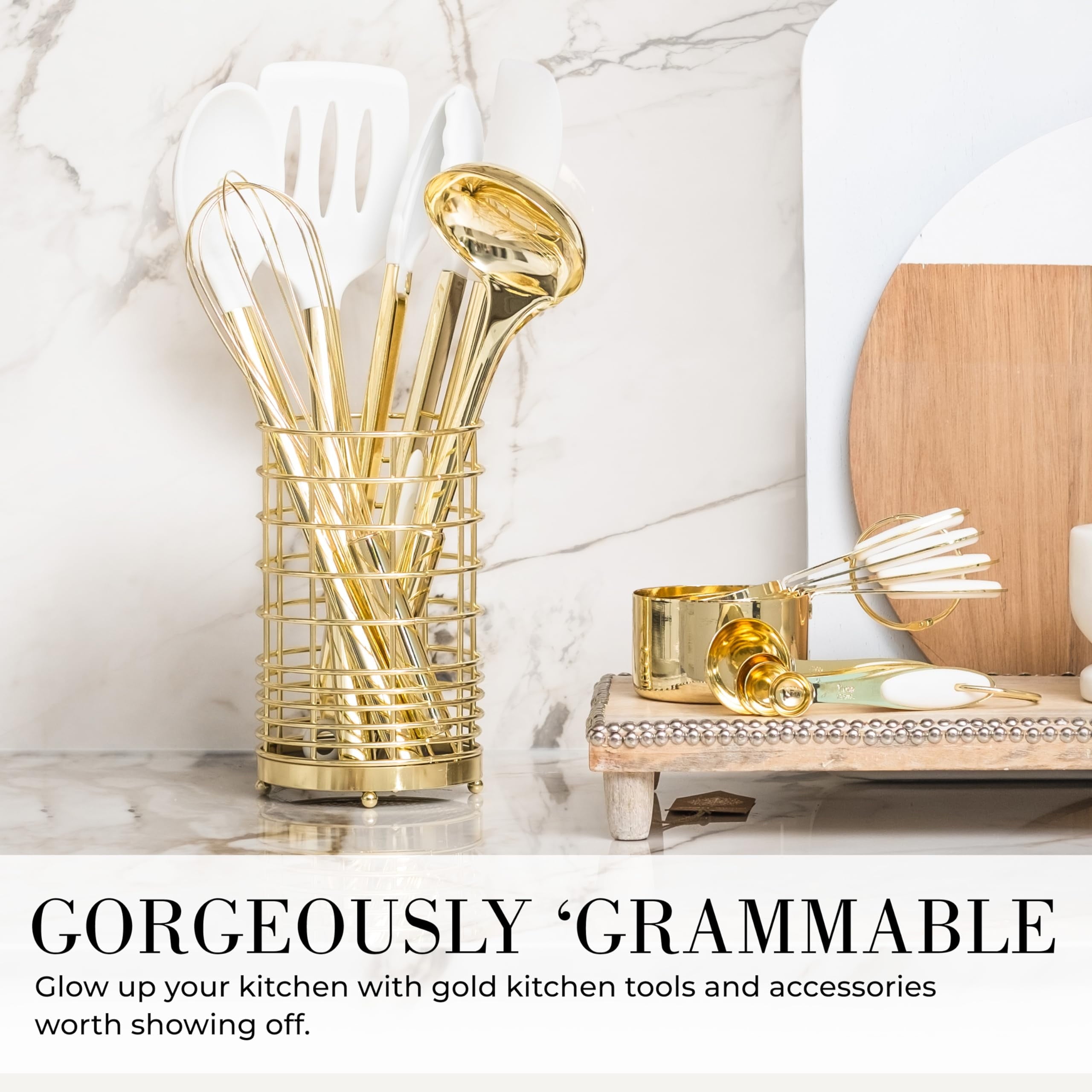 White and Gold Kitchen Utensils Set - 15-Piece Non-Scratch, White and Gold Utensils Set Includes White Silicone Cooki... - Image 3