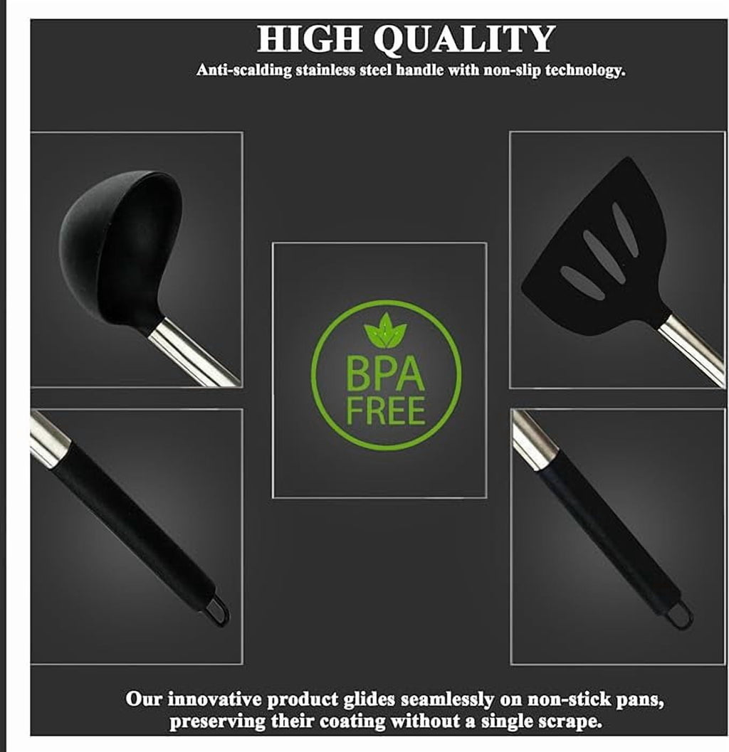 15 Silicone Kitchen Utensil Set with Holder | Non Slip Stainless Steel Cooking Tool |Spatulas, Spoon, Ladle, Pasta Se... - Image 2