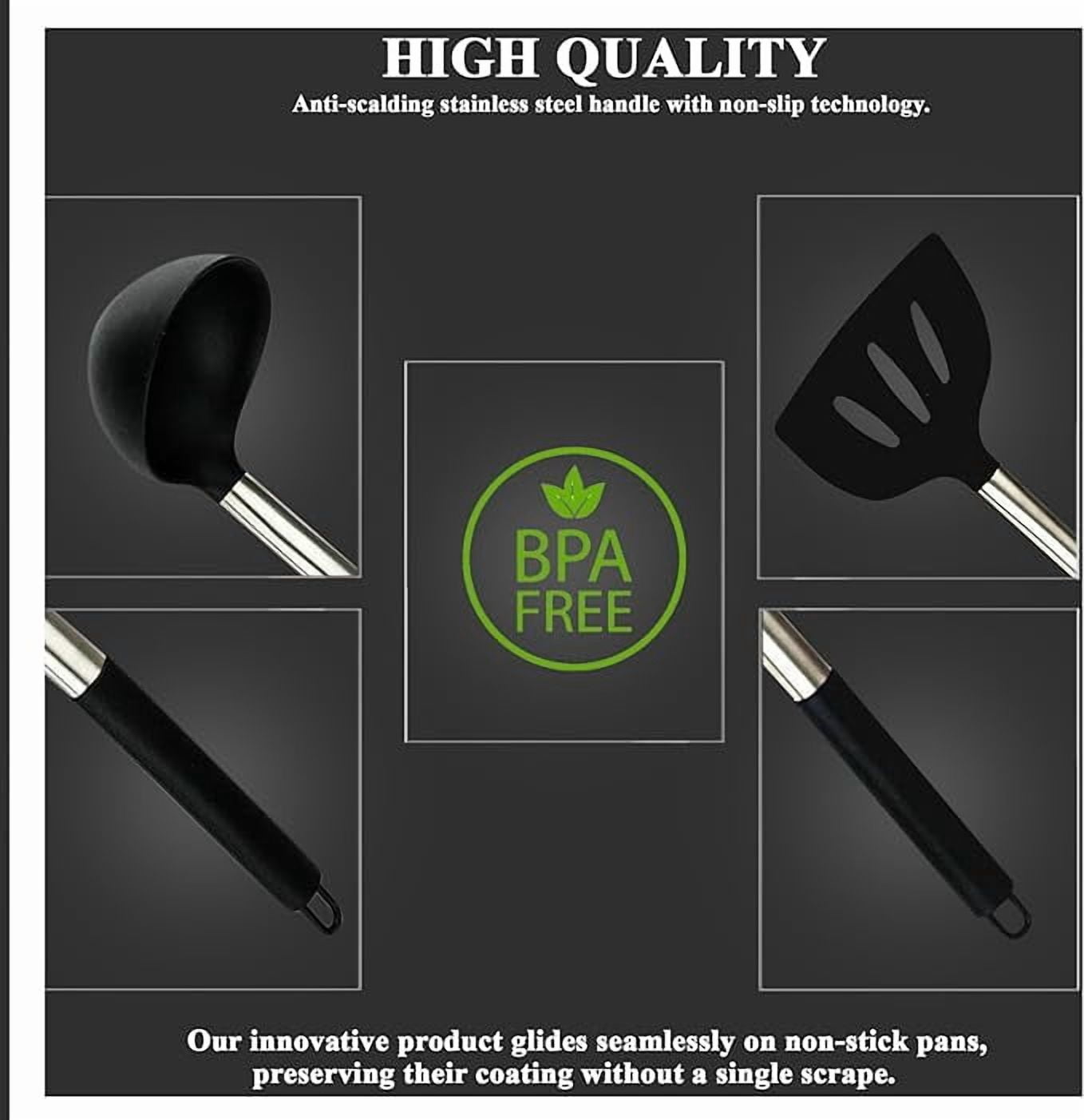 15 Silicone Kitchen Utensil Set with Holder | Non Slip Stainless Steel Cooking Tool |Spatulas, Spoon, Ladle, Pasta Se... - Image 2
