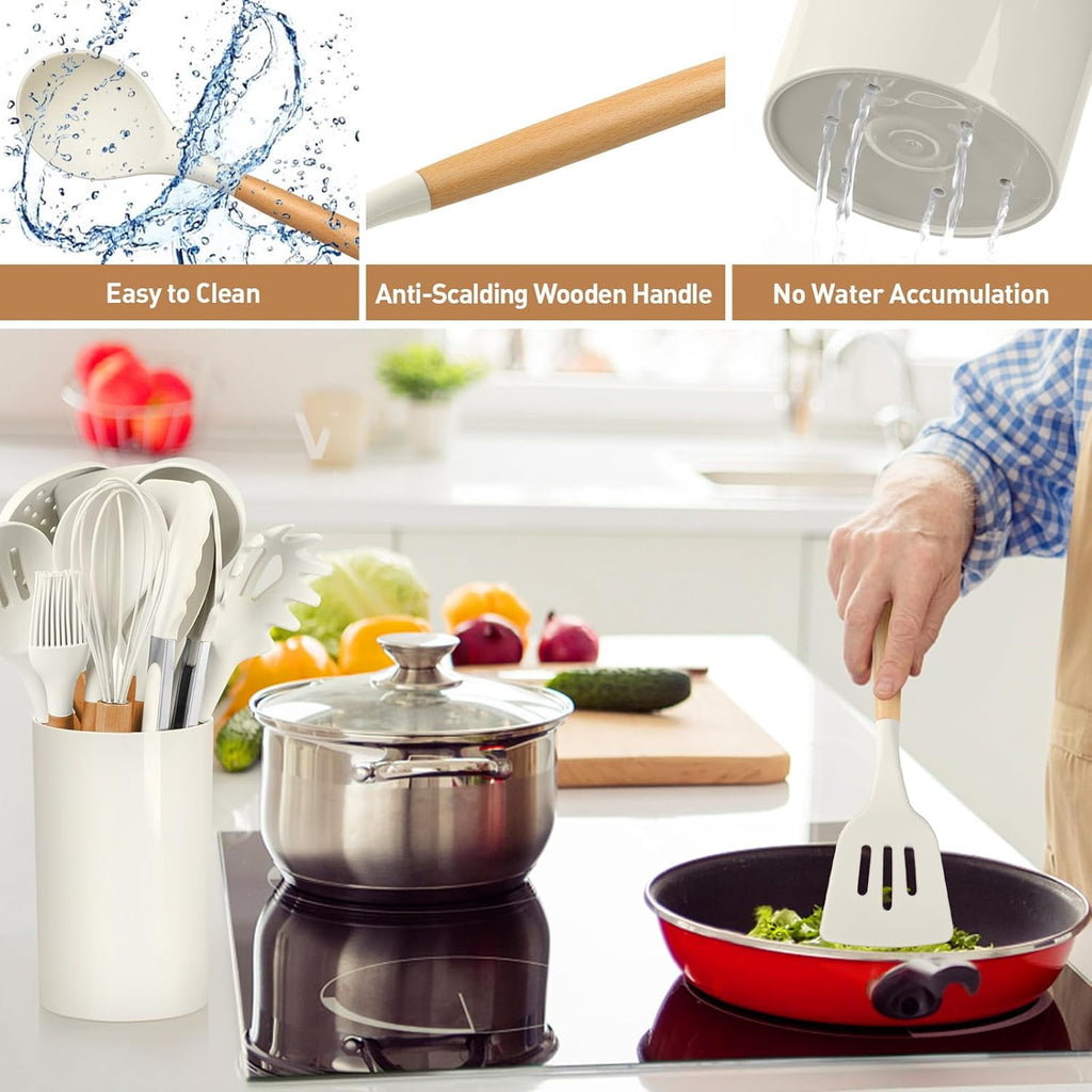 Set, 12 packs Non-Stick Silicone Kitchen Spatula Set with Wooden Handles and Holder, Heat Resistant Food Grade Kitche... - Image 4