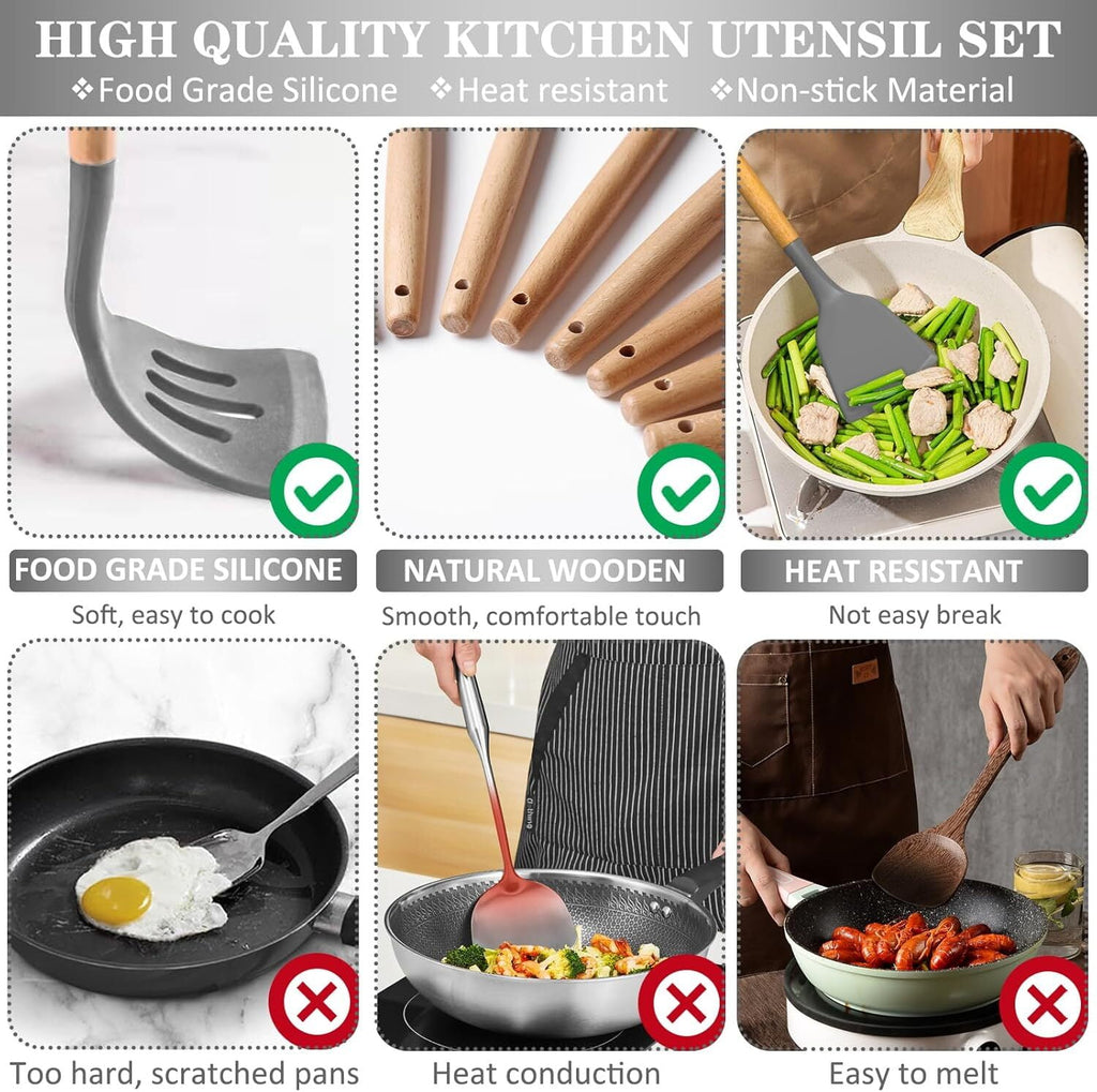 Silicone Cooking Utensils Set, 19Pcs Non-Stick Heat Resistant Kitchen Utensils Spatula Set with Stainless Steel Chef's Knife Set, Cooking, M - Image 4
