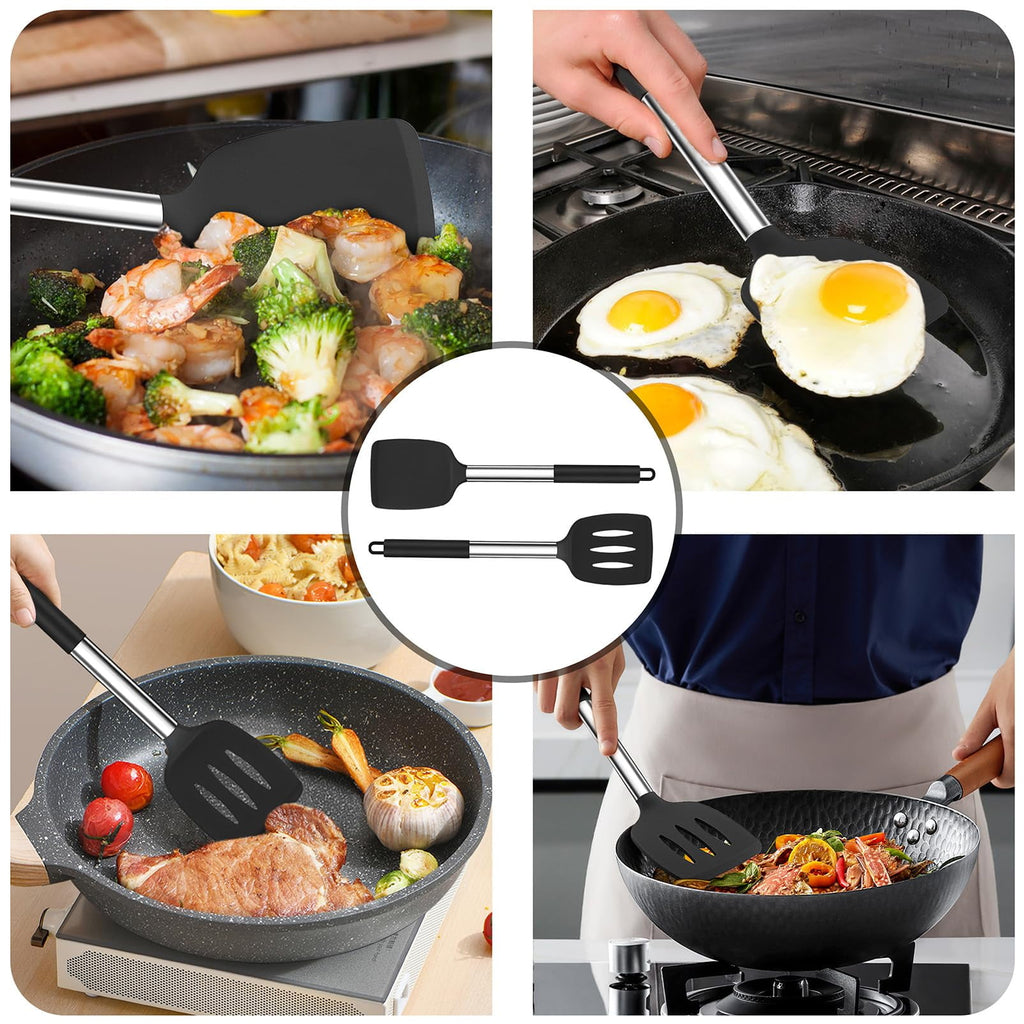 Kitchen Utensils,4 PCS Silicone Cooking Utensils Spatula Spoon Set with Stainless Steel Handle,for Frying Mixing Draining Turning,Healthy & - Image 5
