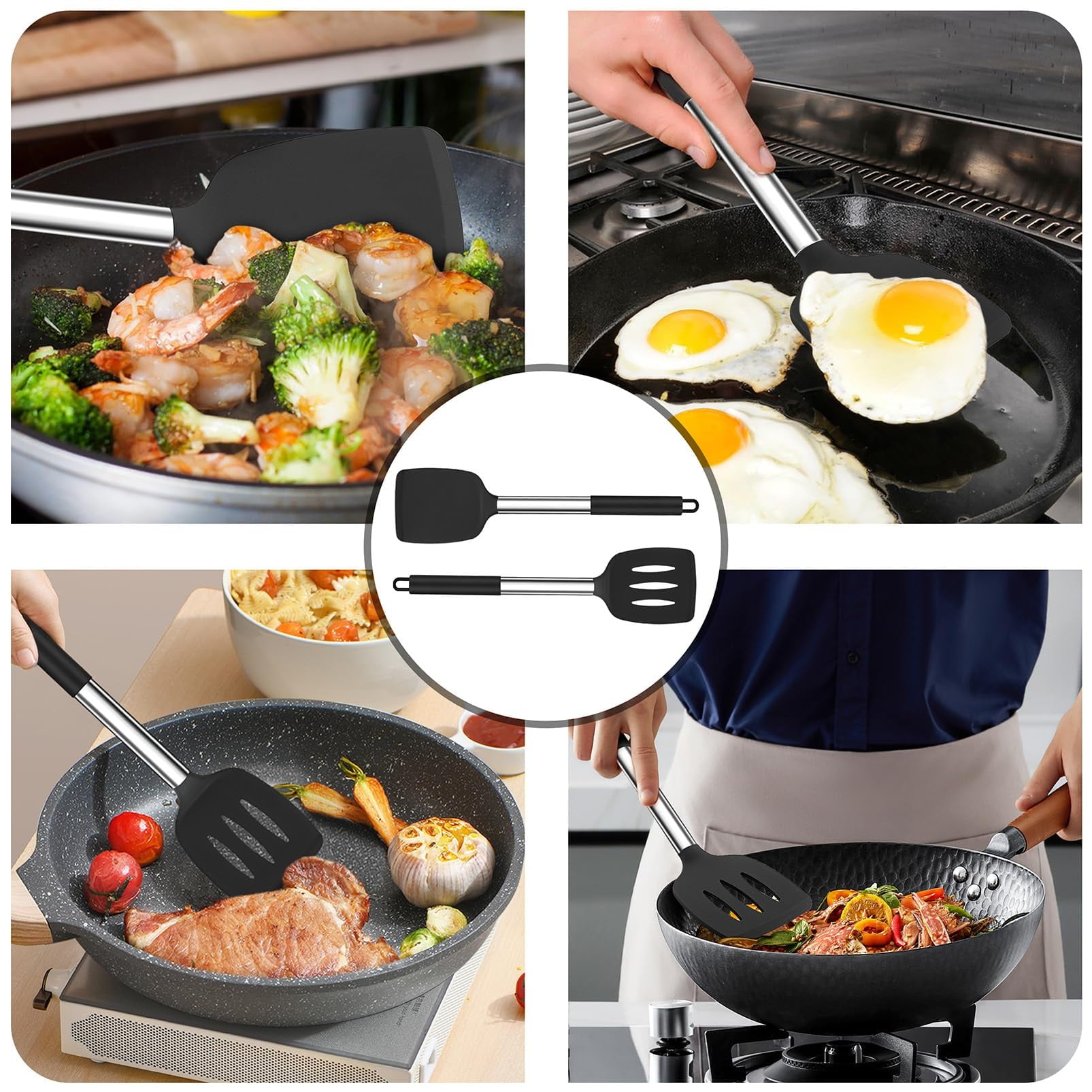 Kitchen Utensils,4 PCS Silicone Cooking Utensils Spatula Spoon Set with Stainless Steel Handle,for Frying Mixing Draining Turning,Healthy & - Image 5