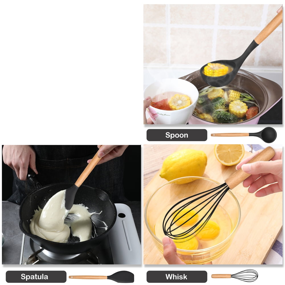 12-Piece Silicone Kitchen Cooking Utensils Set with Holder, Wooden Handle Utensils for Cooking, Kitchen Tools Include Spatula Turner Spoons - Image 6