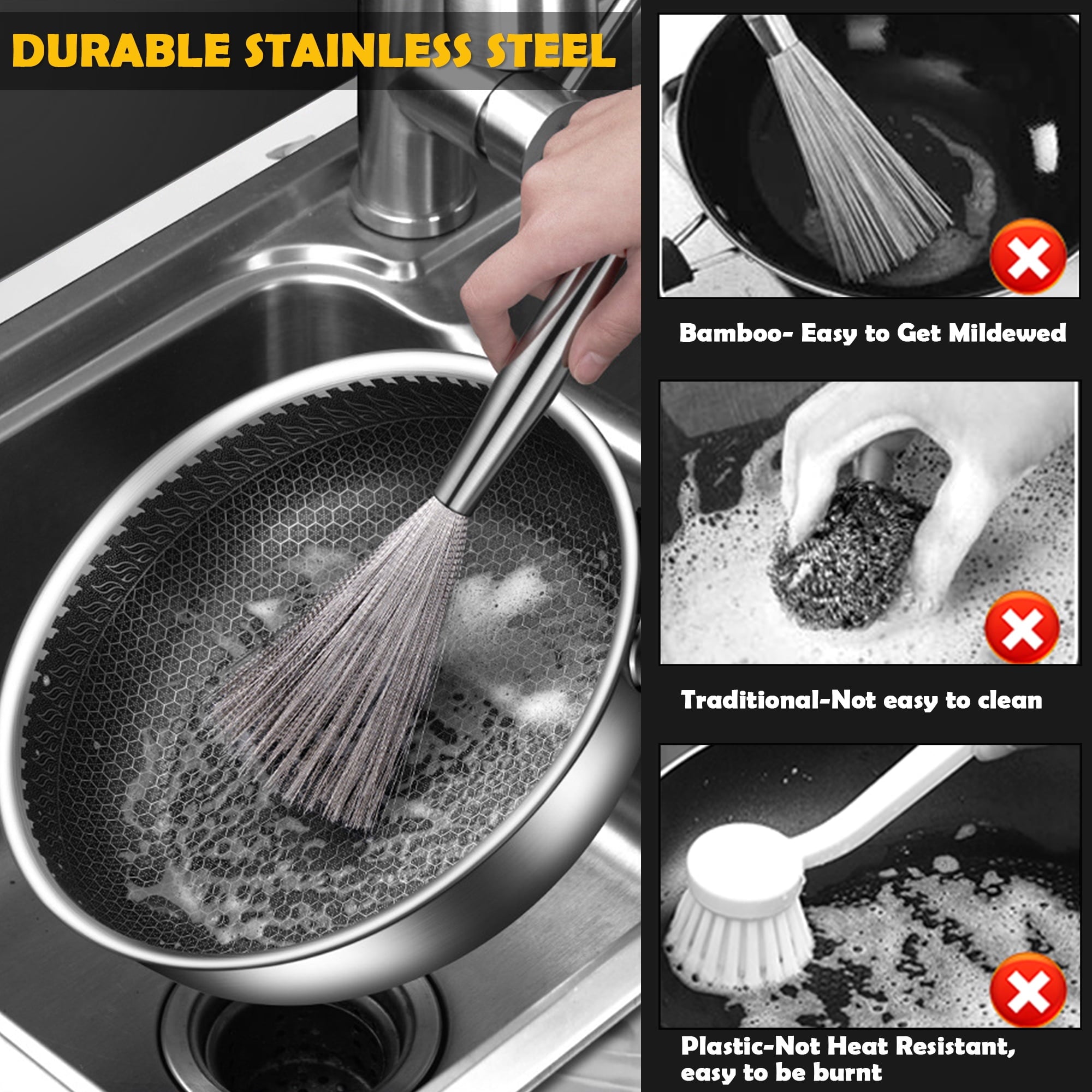 Stainless Steel Dish Brush for Pot, DIIG Scrub Brush Cleaner with Flexible Wavy Wires for Dishes Wok Pan Pot Stoves Cookware - Image 5