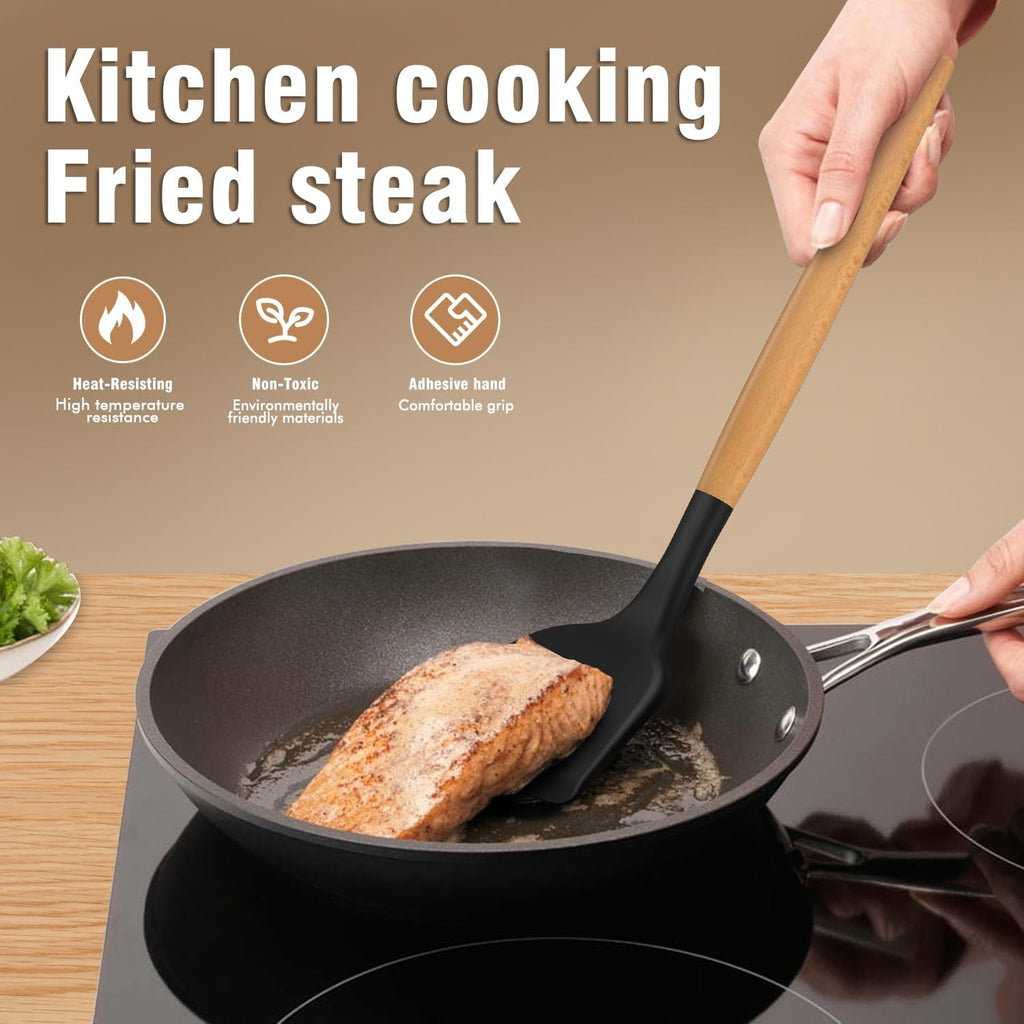 Silicone Cooking Utensils Set - Silicone Kitchen Utensils for Cooking Wooden Handles, Heat Resistant Kitchen Utensil ... - Image 6