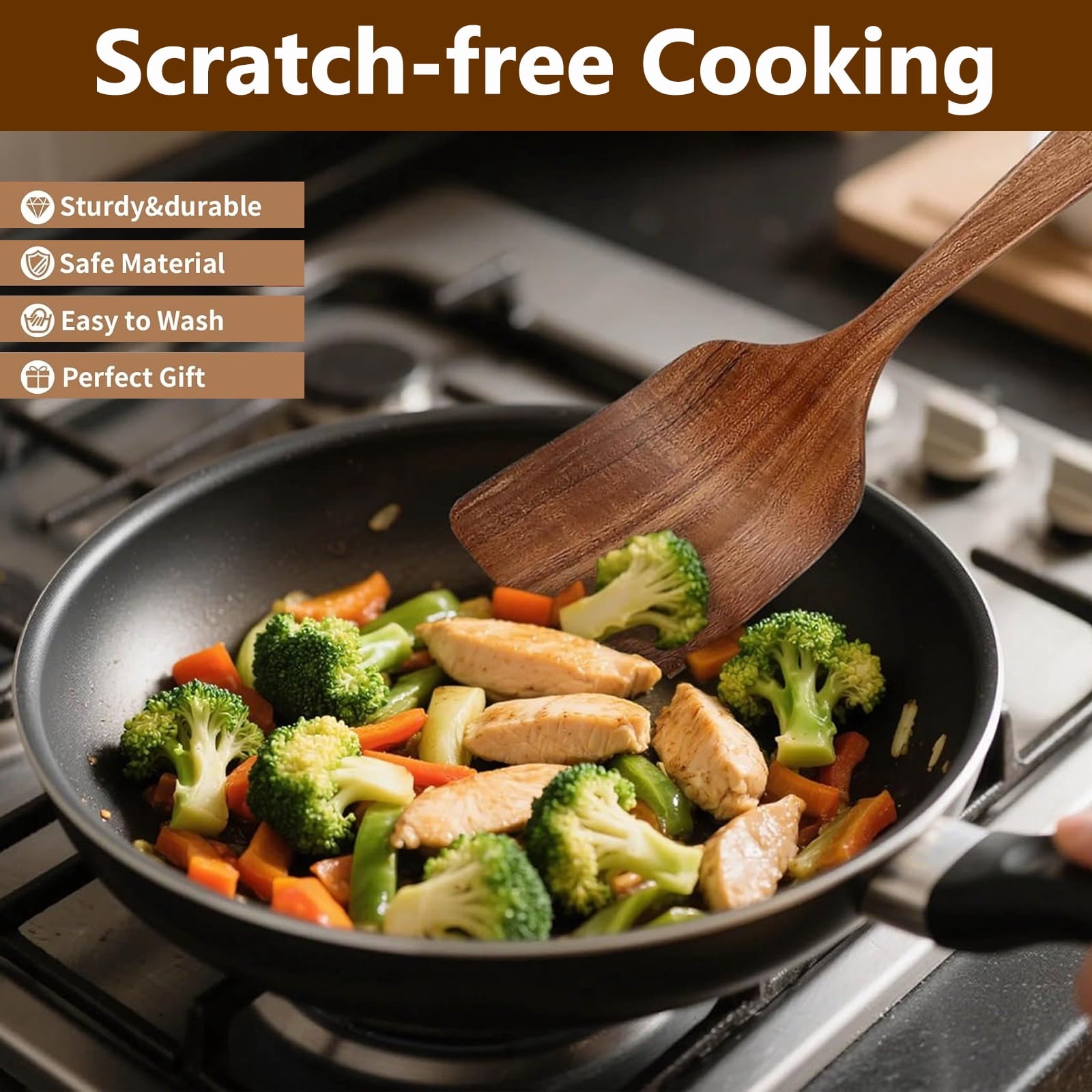 Kisportee Wooden Spoons for Cooking, Non-Stick Teak Wooden Cooking Utensils Set with Hooks, Wooden Kitchen Utensils for Everyday Baking,Cook - Image 5