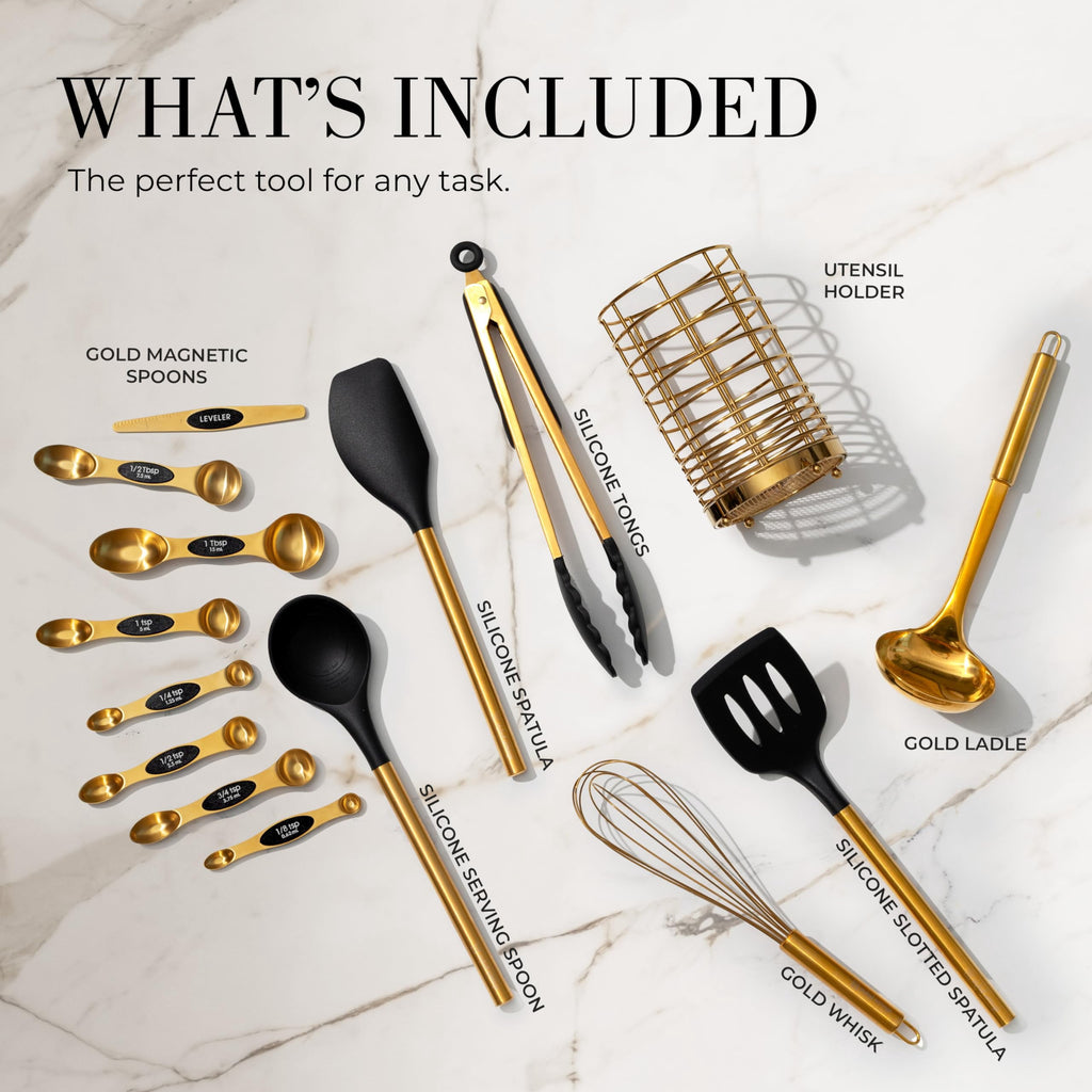 Black and Gold Kitchen Utensils Set - 15 Piece Set Includes Gold and Black Silicone Cooking Utensils with Gold Utensi... - Image 2