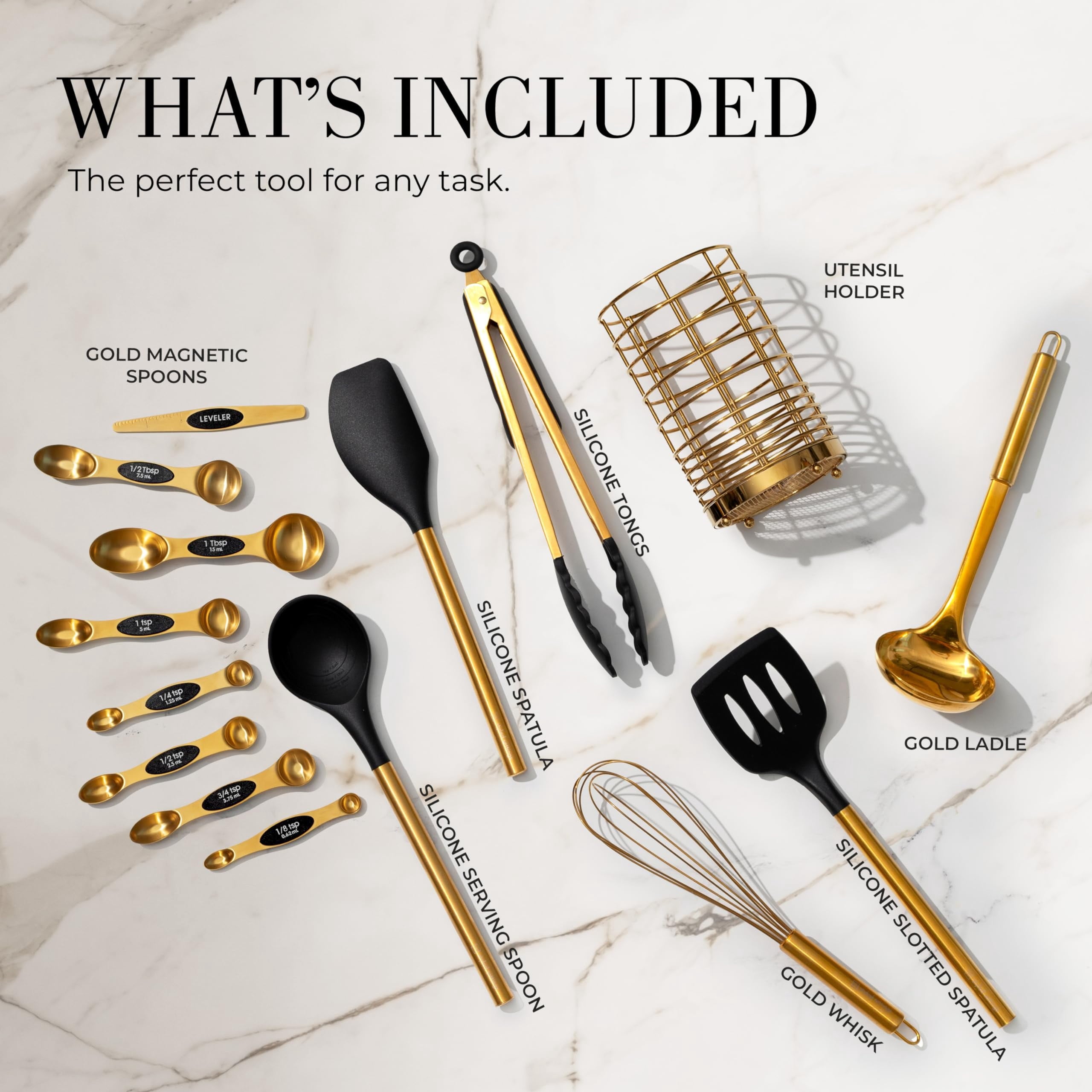Black and Gold Kitchen Utensils Set - 15 Piece Set Includes Gold and Black Silicone Cooking Utensils with Gold Utensi... - Image 2