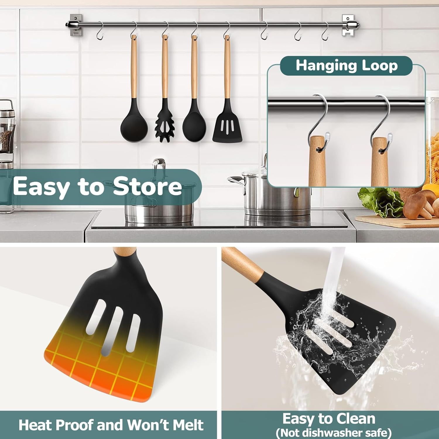 Set of 7, Silicone Kitchen Set with Wooden Handles, Heatproof Kitchen Tools for Cooking Turning Serving, Non-stick Co... - Image 4