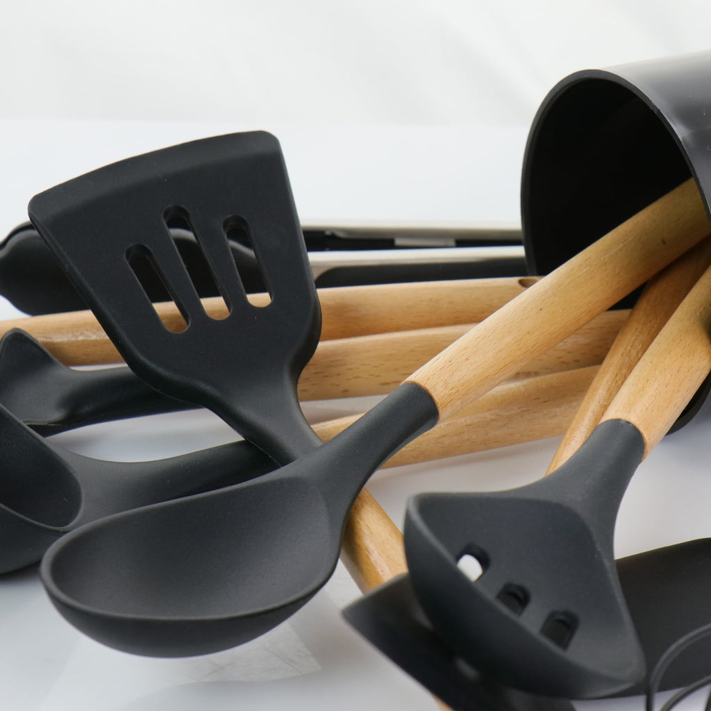Black 12 Piece Silicone and Wood Cooking Utensils - Image 2