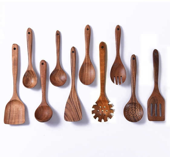 Wooden Kitchen Utensils Set, 10-Piece Natural Wood Cooking Spoons for Non-Stick Cookware - Image 3