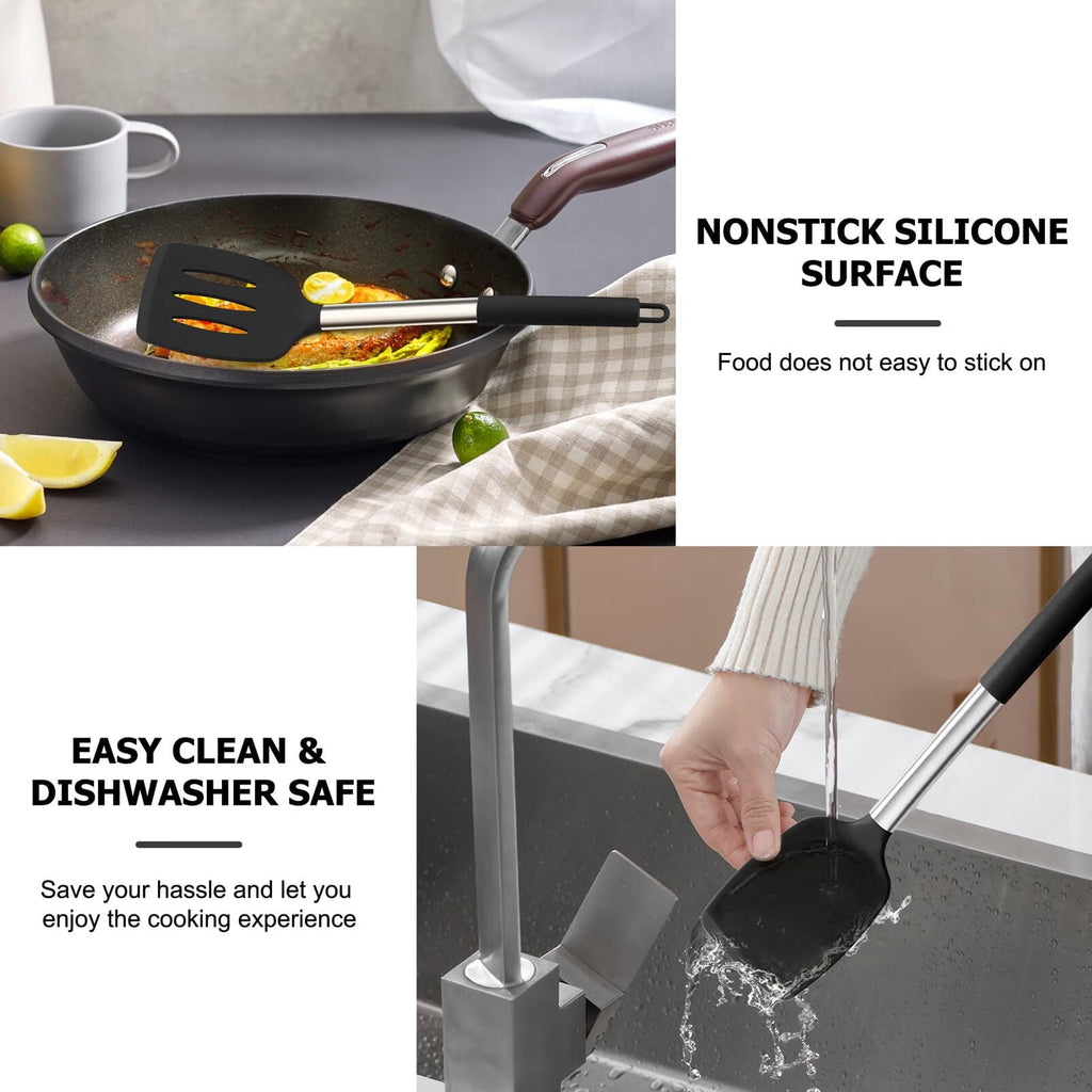 Kitchen Utensils,4 PCS Silicone Cooking Utensils Spatula Spoon Set with Stainless Steel Handle,for Frying Mixing Draining Turning,Healthy & - Image 6